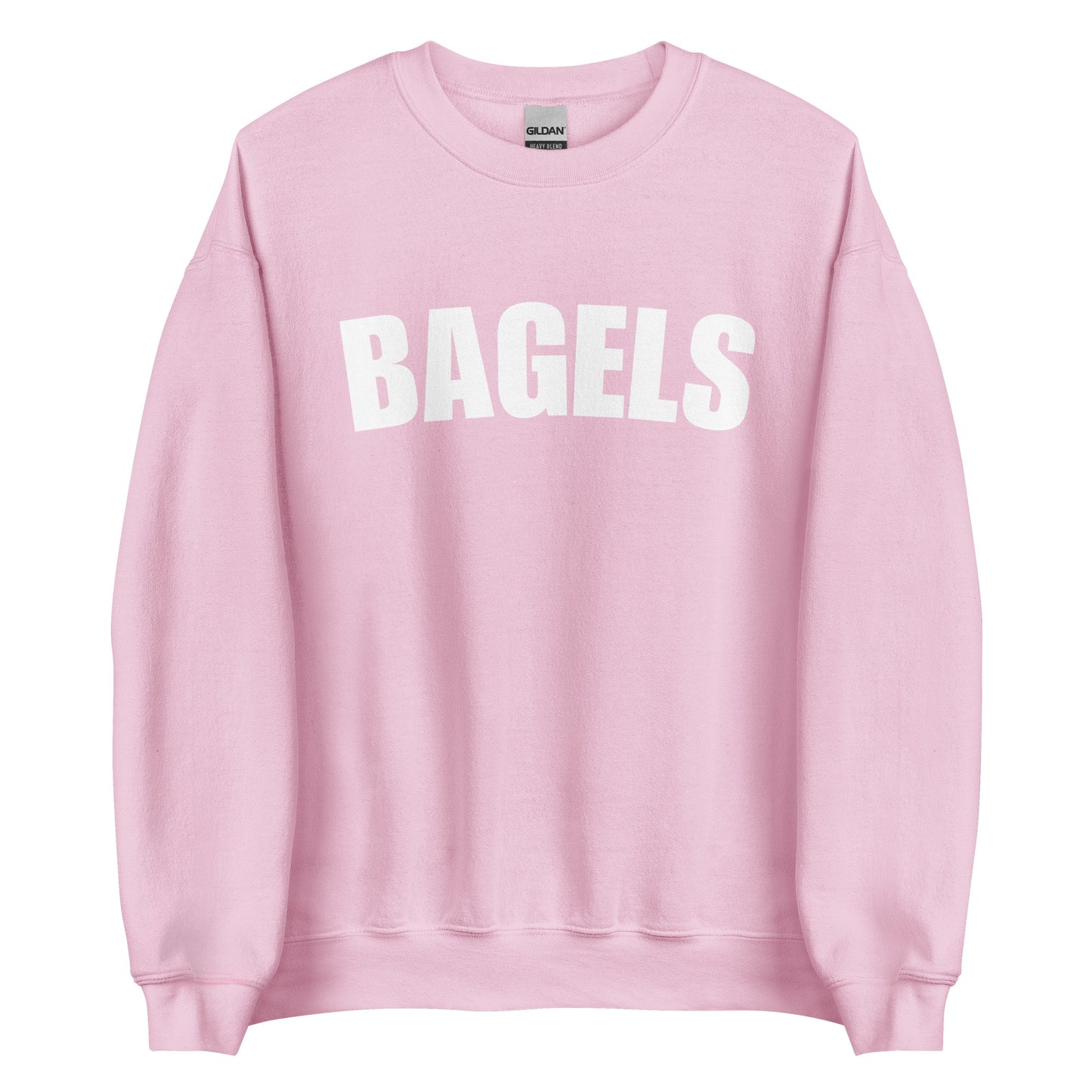 Light pink college style bagels sweatshirt from Nina's Funky Shop by ninanush - Our Bagels Sweatshirt is soft, comfortable and a perfect foodie sweatshirt for bagel lovers. It's a unisex, classic crew neck sweatshirt that comes in a variety of colors with the word "Bagel", expertly printed on the front. Perfect for cozy nights in or stand out streetwear for foodies, this sweatshirt is designed by Nina and made just for you.