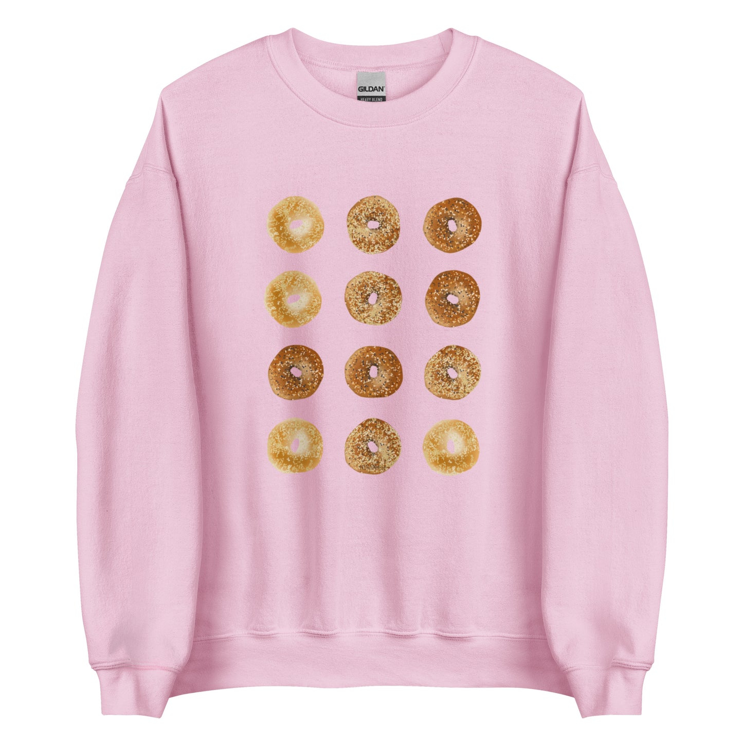 Light Pink Bagels Crewneck Sweatshirt from Nina's Funky Shop by ninanush - Our Bagels Sweatshirt is soft, comfortable and a perfect foodie sweatshirt for bagel lovers. It's a unisex, classic crew neck sweatshirt that comes in a variety of colors with a dozen bagels, expertly printed on the front. Perfect for cozy nights in or stand out streetwear for foodies, this sweatshirt is hand drawn, designed by Nina and made just for you.