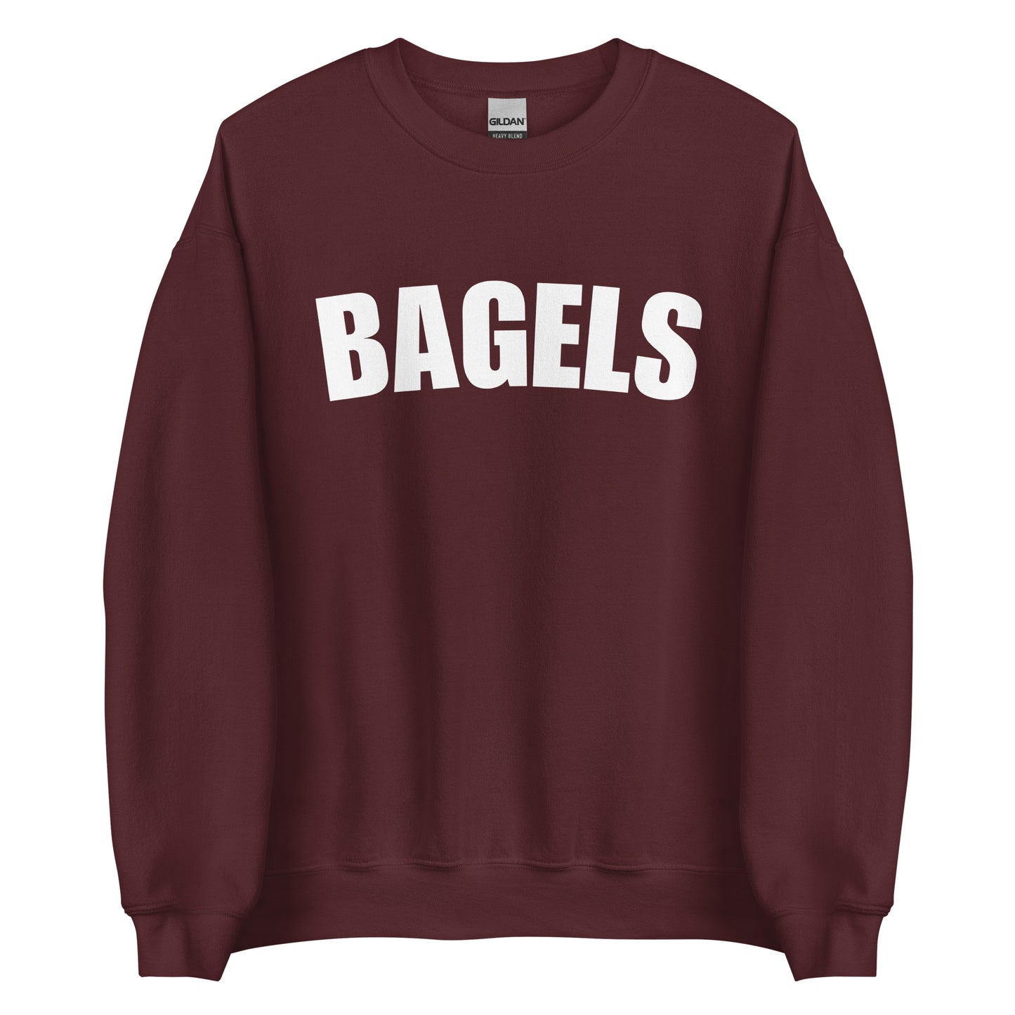 Maroon college style bagels sweatshirt from Nina's Funky Shop by ninanush - Our Bagels Sweatshirt is soft, comfortable and a perfect foodie sweatshirt for bagel lovers. It's a unisex, classic crew neck sweatshirt that comes in a variety of colors with the word "Bagel", expertly printed on the front. Perfect for cozy nights in or stand out streetwear for foodies, this sweatshirt is designed by Nina and made just for you.