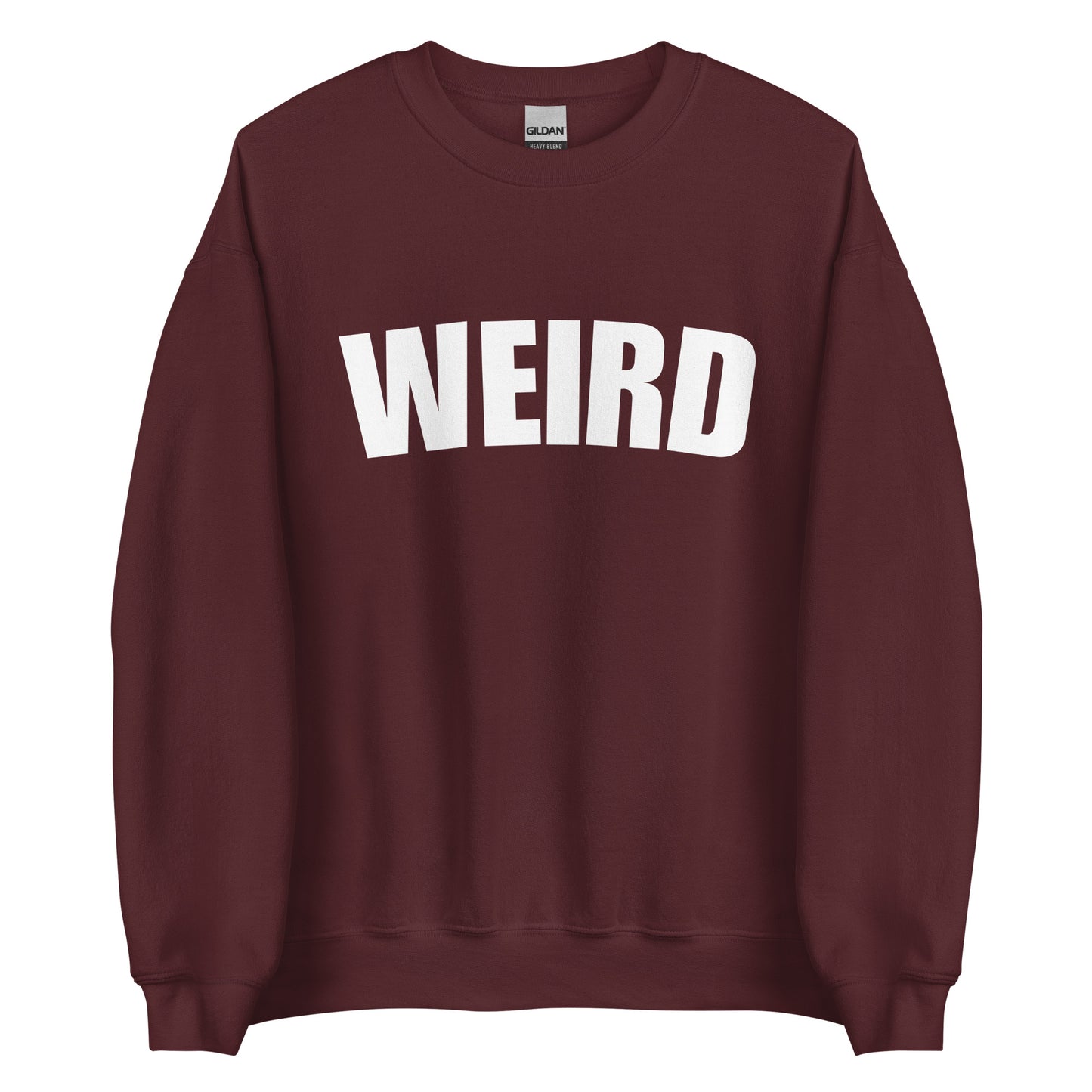 Maroon Weird Sweatshirt from Nina's Funky Shop by ninanush - Stay weird in this soft and comfortable varsity sweatshirt. It's a unisex, crew neck sweatshirt that comes in a variety of colors with "Weird", expertly printed on the front. Perfect for cozy nights in or stand out streetwear, this weird sweatshirt is designed by Nina and made just for you.