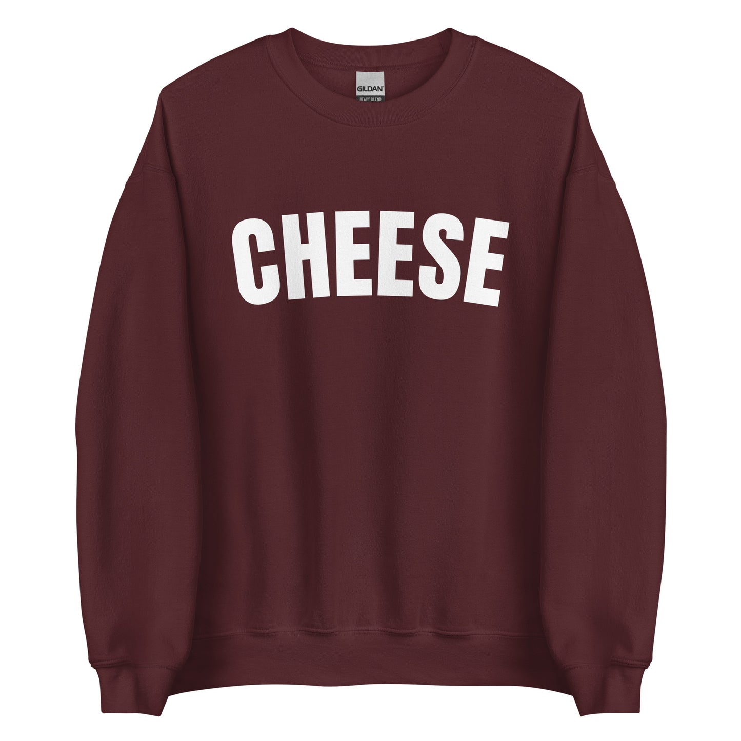 Maroon Unisex Crewneck Cheese Sweatshirt from Nina's Funky Shop by ninanush - Do you love cheese? Looking for a funny gift for a friend? Our Cheese Crewneck Sweatshirt is just what you need. It's a unisex sweatshirt for foodies with "cheese" on the front. The perfect funny food sweatshirt for cozy nights in or stand out cheese lover streetwear. This cheese enthusiast sweatshirt is made just for you.