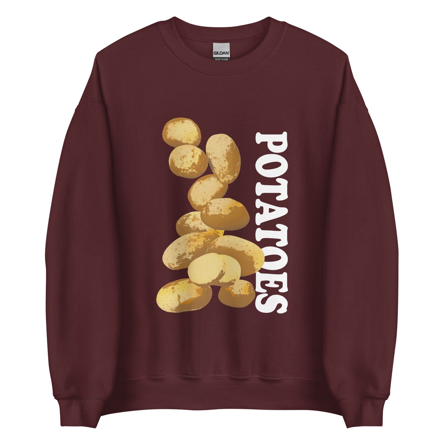 Maroon sweatshirt with potatoes design - Love Potatoes? Looking for a unique gift for a fellow potato enthusiast? This unisex sweatshirt is warm, super soft and cozy, and made just for you. It comes in a variety of colors with a hand drawn potatoes design by Nina, expertly printed on the front.