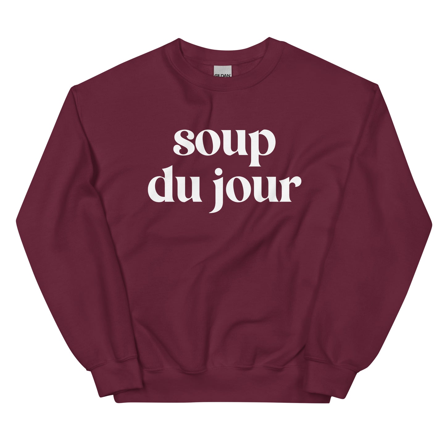 Maroon Soup Du Jour Sweatshirt - Love soup? Our Soup Du Jour Crewneck Sweatshirt is super soft, cozy and expertly printed just for you! Eat your favorite soup in this funny sweatshirt or give it as a gift for your favorite soup enthusiast.