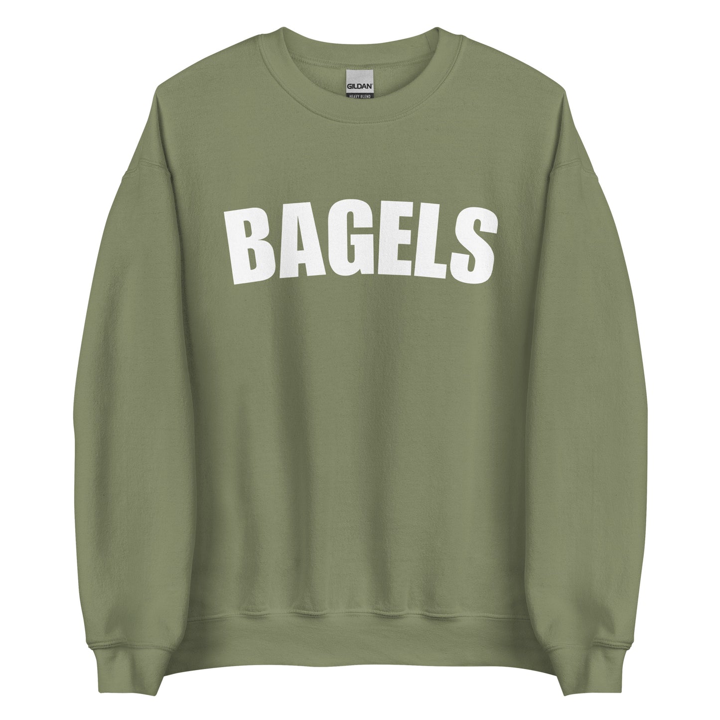 Army green college style bagels sweatshirt from Nina's Funky Shop by ninanush - Our Bagels Sweatshirt is soft, comfortable and a perfect foodie sweatshirt for bagel lovers. It's a unisex, classic crew neck sweatshirt that comes in a variety of colors with the word "Bagel", expertly printed on the front. Perfect for cozy nights in or stand out streetwear for foodies, this sweatshirt is designed by Nina and made just for you.