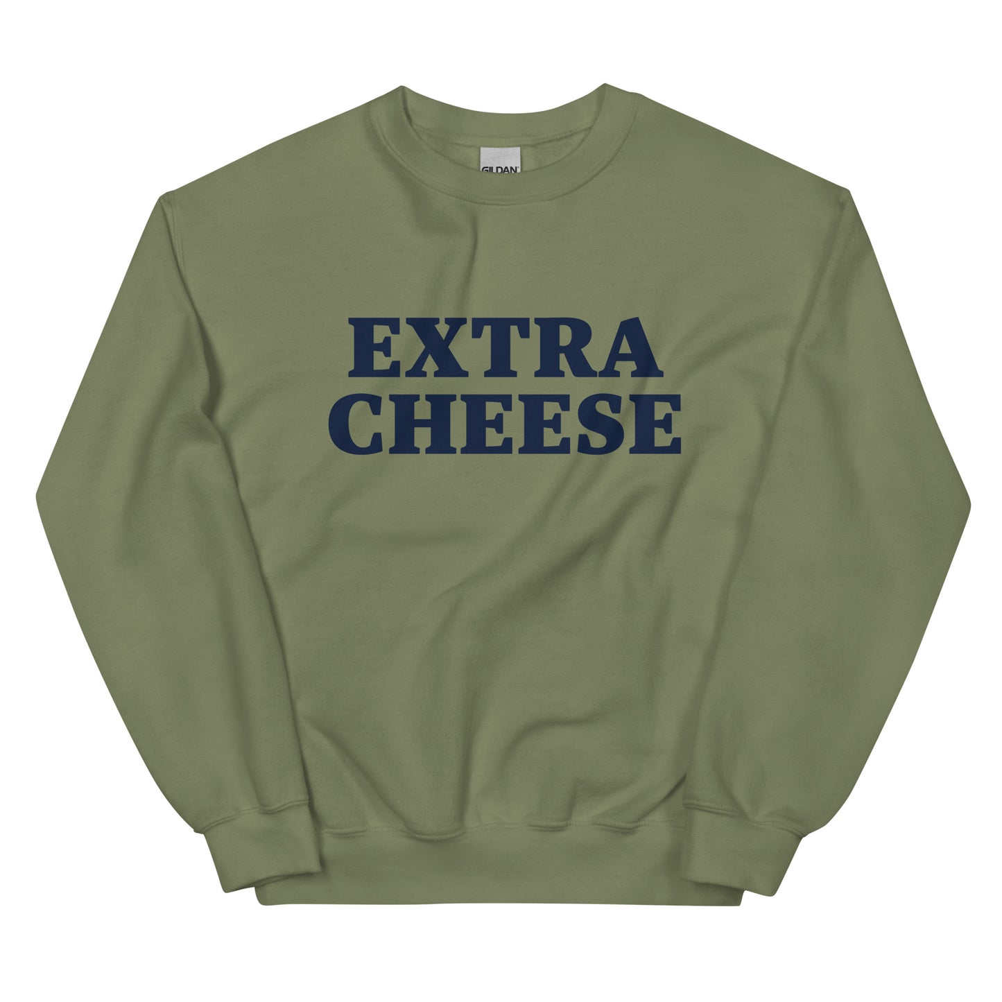 Army Green Extra Cheese Sweatshirt from Nina's Funky Shop by ninanush - Love cheese? Want more? Make your priorities known in this Extra Cheese Sweatshirt. It's a funny foodie sweatshirt for cheese lovers. This unisex, crew neck sweatshirt comes in a variety of colors with "cheese", on the front. This college-style cheese enthusiast sweatshirt is designed by Nina and made just for you.