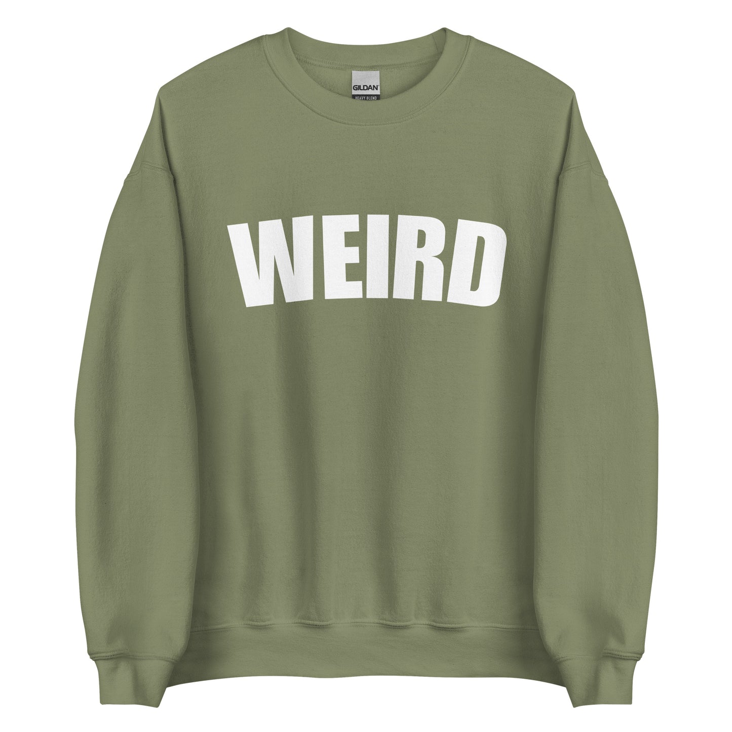 Army Green Weird Sweatshirt from Nina's Funky Shop by ninanush - Stay weird in this soft and comfortable varsity sweatshirt. It's a unisex, crew neck sweatshirt that comes in a variety of colors with "Weird", expertly printed on the front. Perfect for cozy nights in or stand out streetwear, this weird sweatshirt is designed by Nina and made just for you.