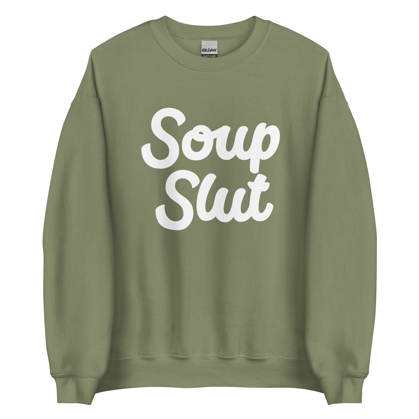 Army Green Soup Slut Sweatshirt from Nina's Funky Shop by ninanush - Do you love soup? Looking for a funny gift? Our Soup Slut Crewneck Sweatshirt is soft, comfortable and just what you need. It's a unisex foodie sweatshirt with "soup slut" on the front. A funny foodie sweatshirt for cozy nights in or stand out soup lover streetwear. This soup enthusiast sweatshirt is made just for you.