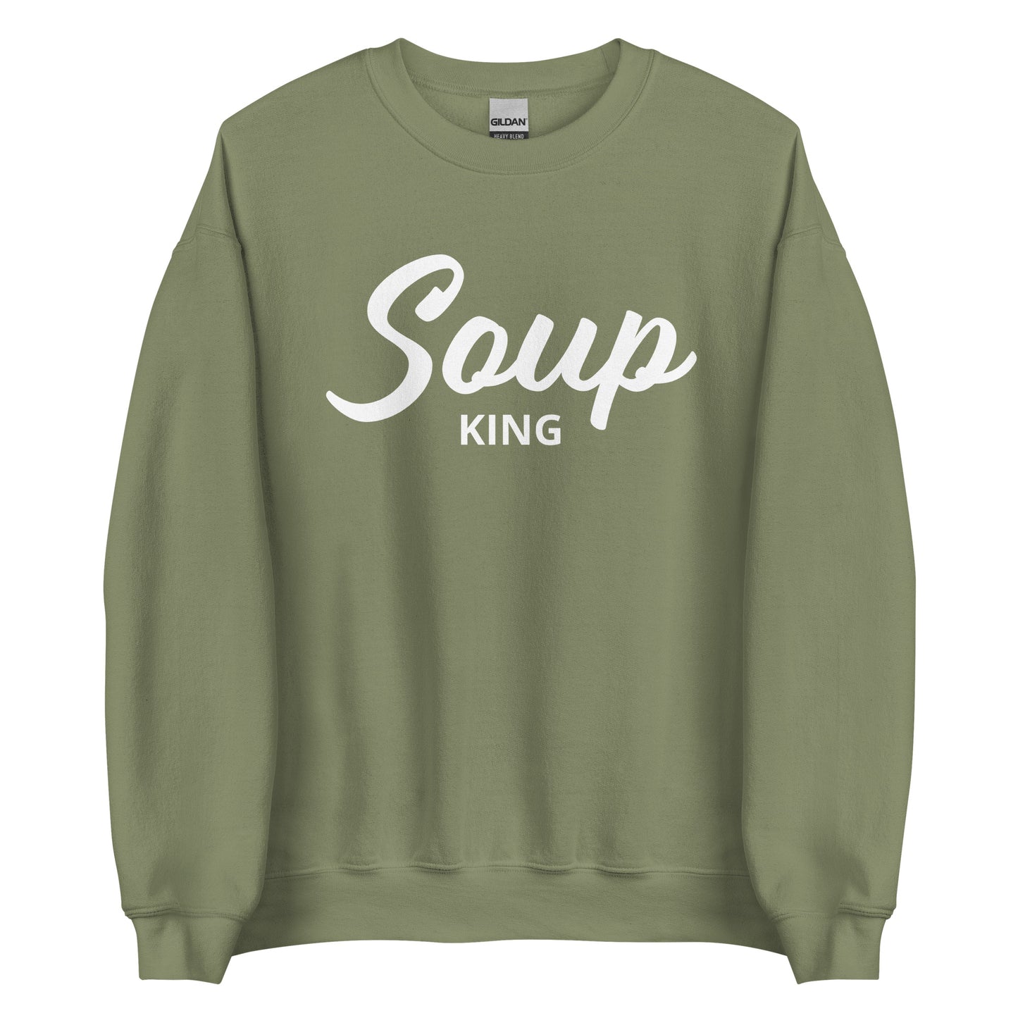Army Green Soup King Sweatshirt from Nina's Funky Shop by ninanush - Do you love soup? Looking for a funny gift for a soup lover? Our Soup King Crewneck Sweatshirt is just what you need. It's a unisex soup sweatshirt that comes in a variety of colors with "soup king" on the front. This funny soup sweatshirt is made just for you. Celebrate your favorite foods in our funky foodie apparel.