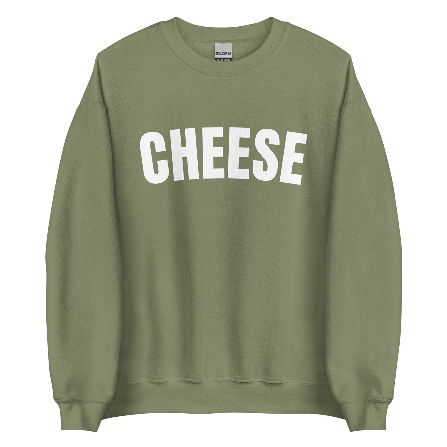 Army Green Unisex Crewneck Cheese Sweatshirt from Nina's Funky Shop by ninanush - Do you love cheese? Looking for a funny gift for a friend? Our Cheese Crewneck Sweatshirt is just what you need. It's a unisex sweatshirt for foodies with "cheese" on the front. The perfect funny food sweatshirt for cozy nights in or stand out cheese lover streetwear. This cheese enthusiast sweatshirt is made just for you.