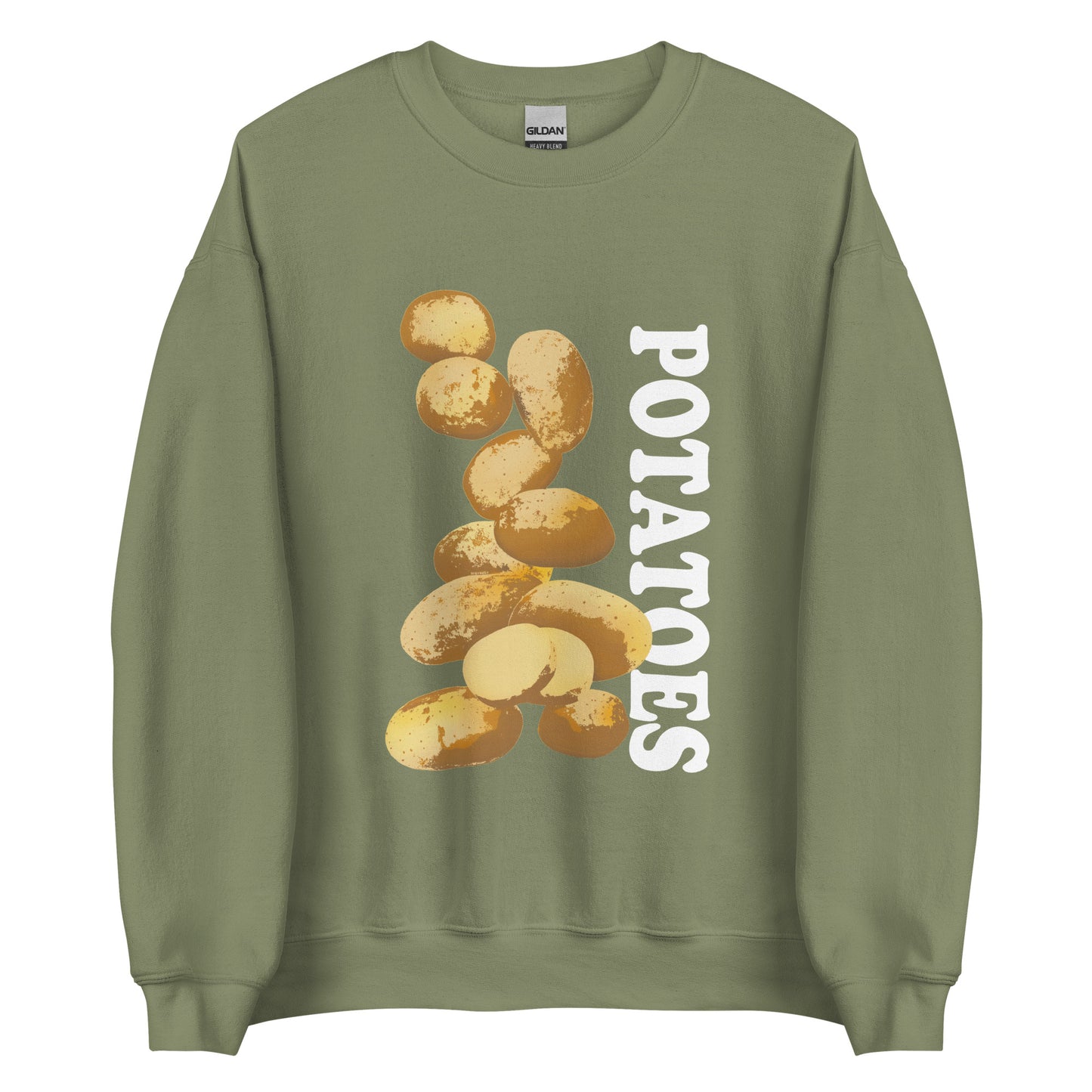 Army Green sweatshirt with potatoes design - Love Potatoes? Looking for a unique gift for a fellow potato enthusiast? This unisex sweatshirt is warm, super soft and cozy, and made just for you. It comes in a variety of colors with a hand drawn potatoes design by Nina, expertly printed on the front.