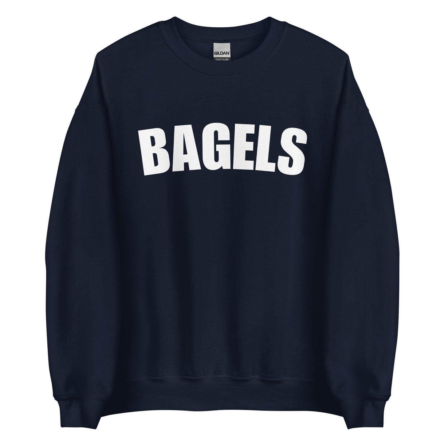 Navy college style bagels sweatshirt from Nina's Funky Shop by ninanush - Our Bagels Sweatshirt is soft, comfortable and a perfect foodie sweatshirt for bagel lovers. It's a unisex, classic crew neck sweatshirt that comes in a variety of colors with the word "Bagel", expertly printed on the front. Perfect for cozy nights in or stand out streetwear for foodies, this sweatshirt is designed by Nina and made just for you.