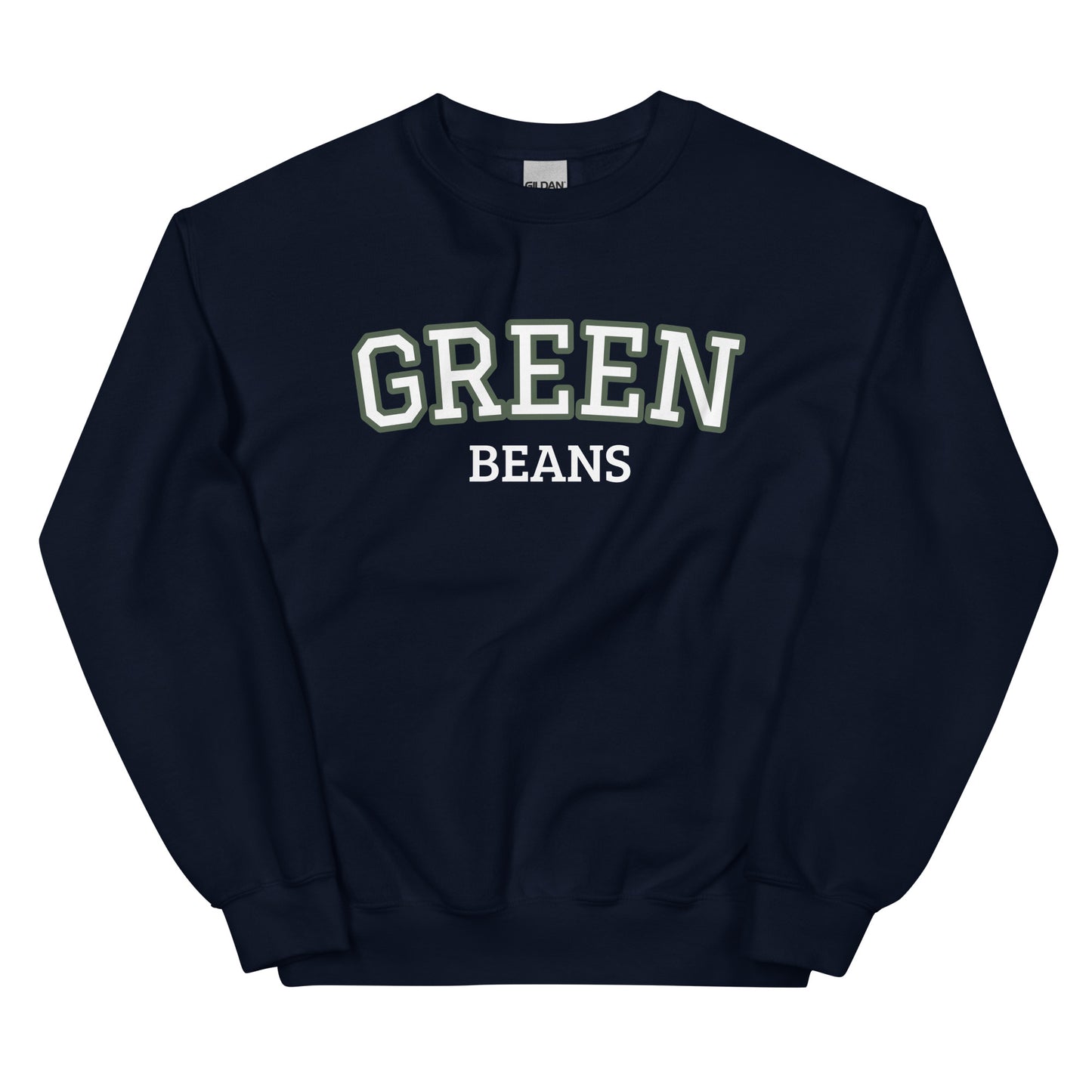 Navy Green Beans Sweatshirt from Nina's Funky Shop by ninanush - Love green beans? Looking for a funny food gift? Our Green Beans Sweatshirt is just what you need. It's a unisex, varsity crew neck sweatshirt with "Green Beans" on the front. A perfect funny foodie sweatshirt for cozy nights in or funky streetwear, this veggie enthusiast sweatshirt is designed by Nina, just for you.