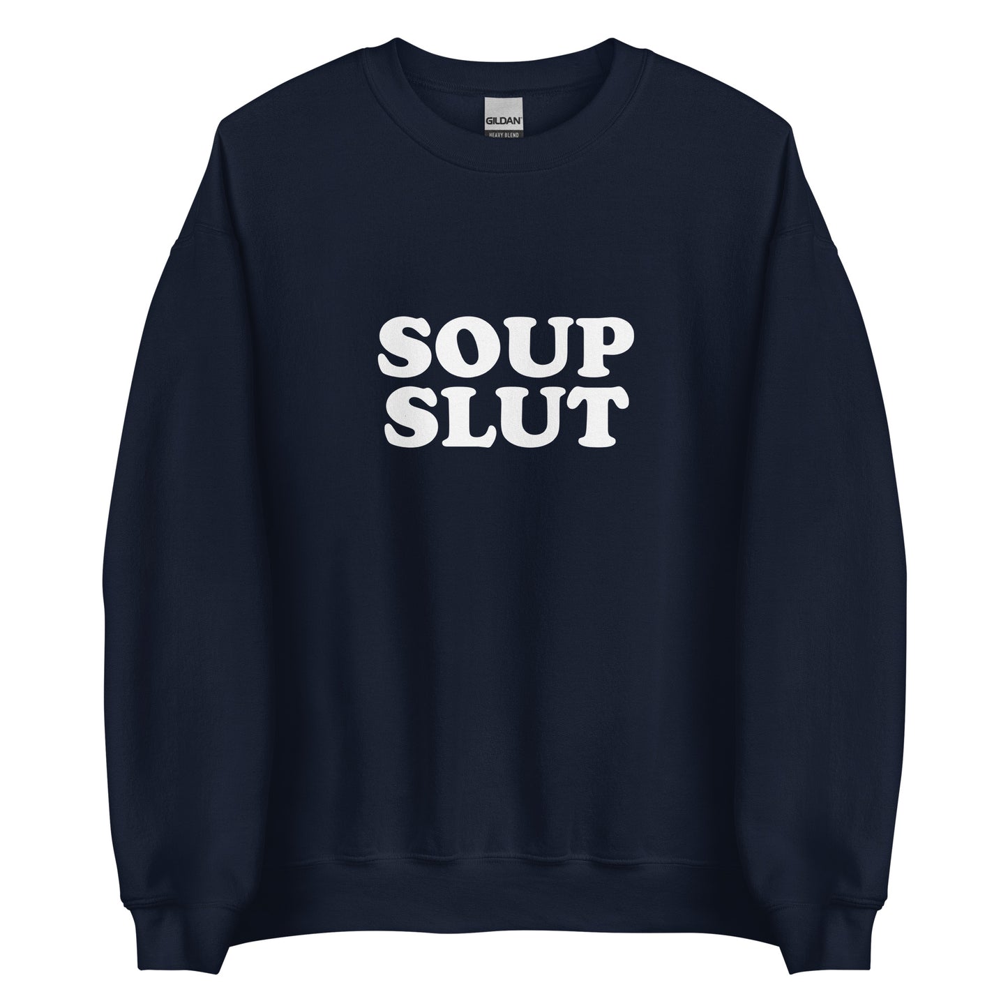 Navy soup slut sweatshirt from Nina's Funky Shop by ninanush - Do you love soup? Looking for a funny gift for a friend? Our Soup Slut Sweatshirt is soft, comfortable and just what you need. It's a unisex foodie sweatshirt that comes in a variety of colors with "soup slut", expertly printed on the front. A perfect funny foodie sweatshirt for cozy nights in or stand out soup lover streetwear.