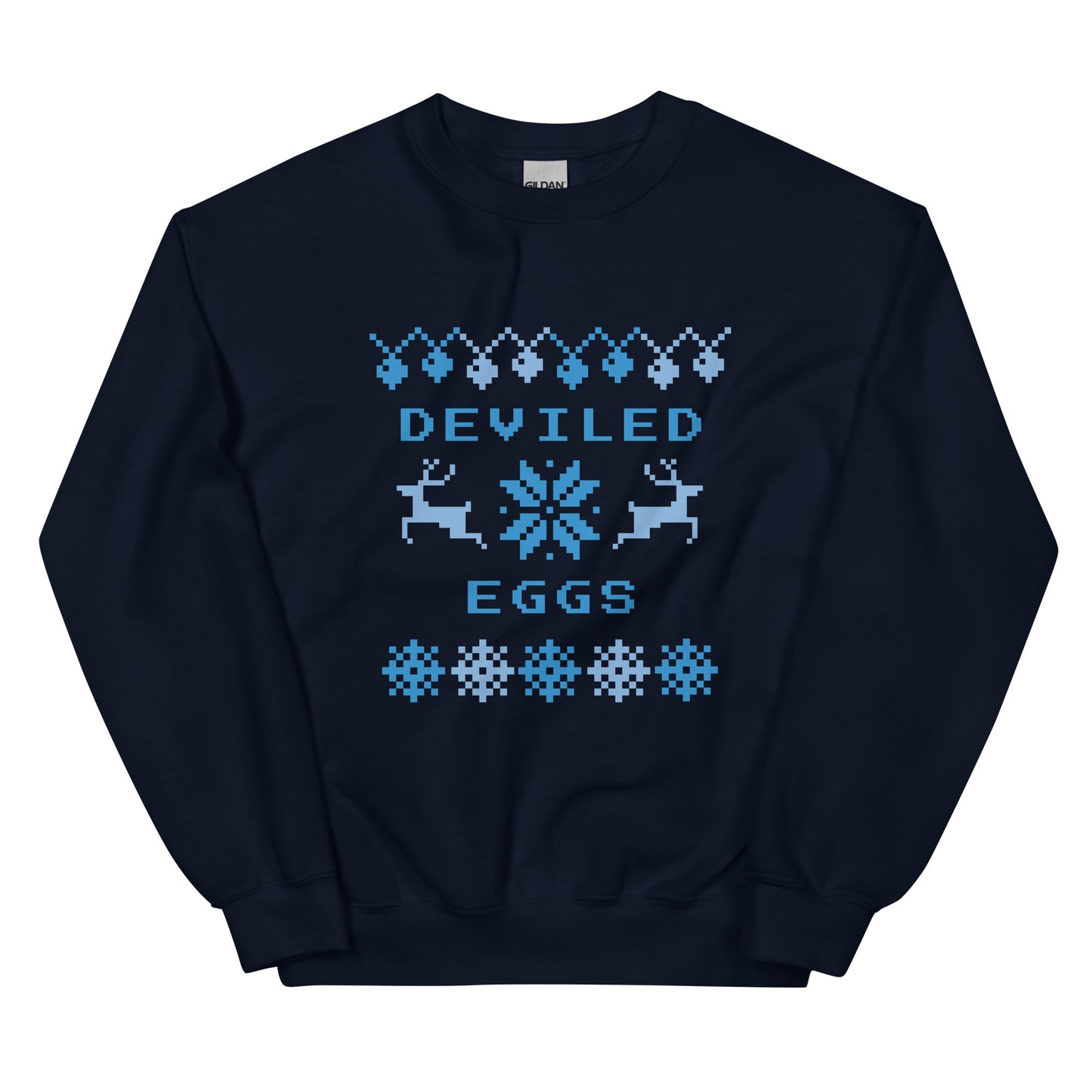 Navy Deviled Eggs Christmas Sweatshirt from Nina's Funky Shop by ninanush - Do you love deviled eggs? Looking for a funny Christmas sweatshirt? Our Slut Deviled Eggs Christmas Crew Neck Sweatshirt is soft, comfortable and just what you need. It's a unisex holiday sweatshirt with "Deviled Eggs" and a Christmas pattern. A funny Christmas sweatshirt for a holiday party or a cozy night in.