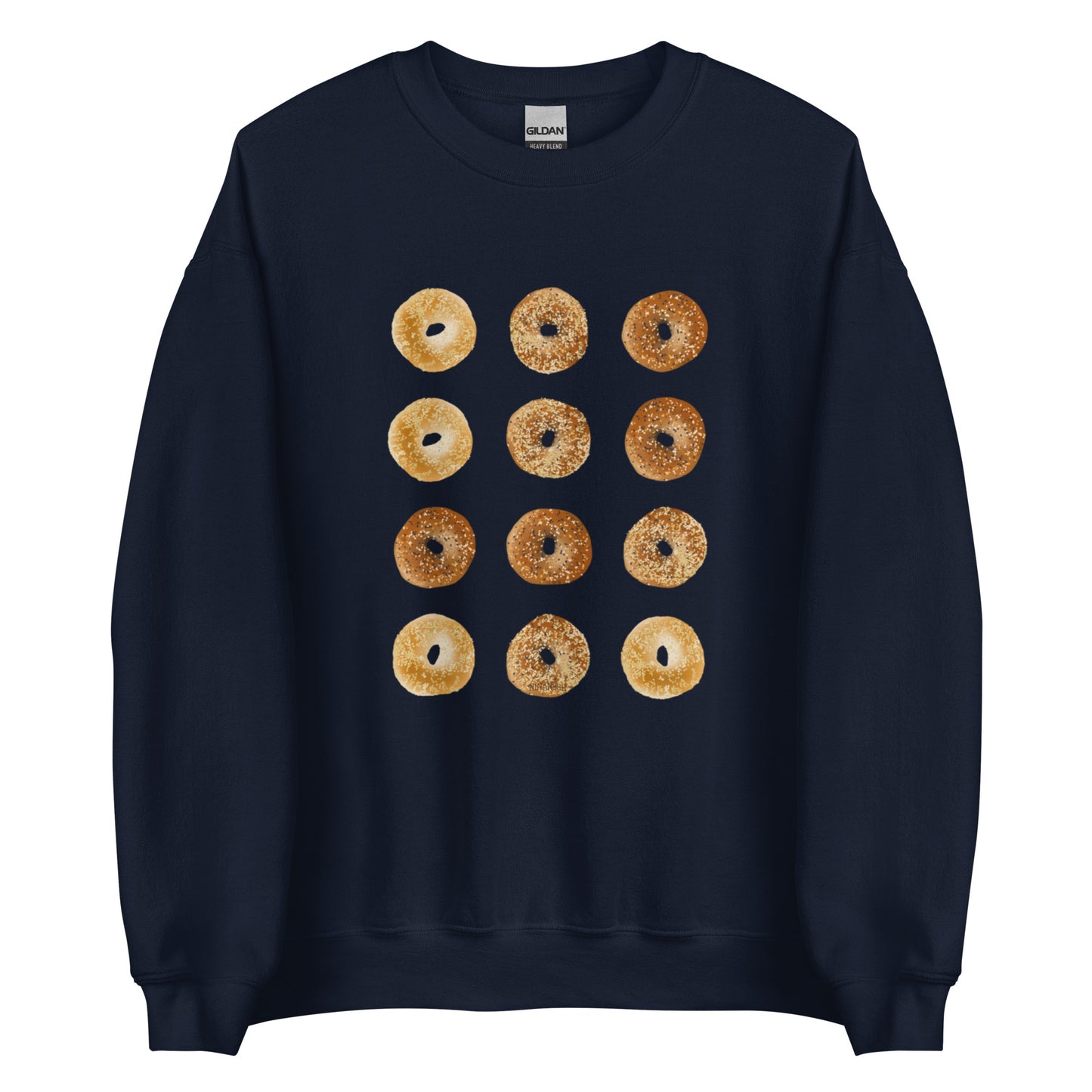 Navy Bagels Crewneck Sweatshirt from Nina's Funky Shop by ninanush - Our Bagels Sweatshirt is soft, comfortable and a perfect foodie sweatshirt for bagel lovers. It's a unisex, classic crew neck sweatshirt that comes in a variety of colors with a dozen bagels, expertly printed on the front. Perfect for cozy nights in or stand out streetwear for foodies, this sweatshirt is hand drawn, designed by Nina and made just for you.