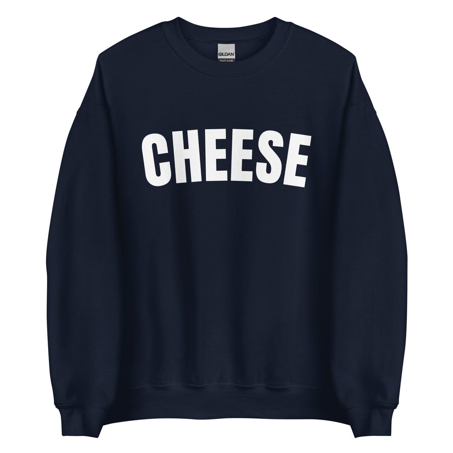 Navy Unisex Crewneck Cheese Sweatshirt from Nina's Funky Shop by ninanush - Do you love cheese? Looking for a funny gift for a friend? Our Cheese Crewneck Sweatshirt is just what you need. It's a unisex sweatshirt for foodies with "cheese" on the front. The perfect funny food sweatshirt for cozy nights in or stand out cheese lover streetwear. This cheese enthusiast sweatshirt is made just for you.