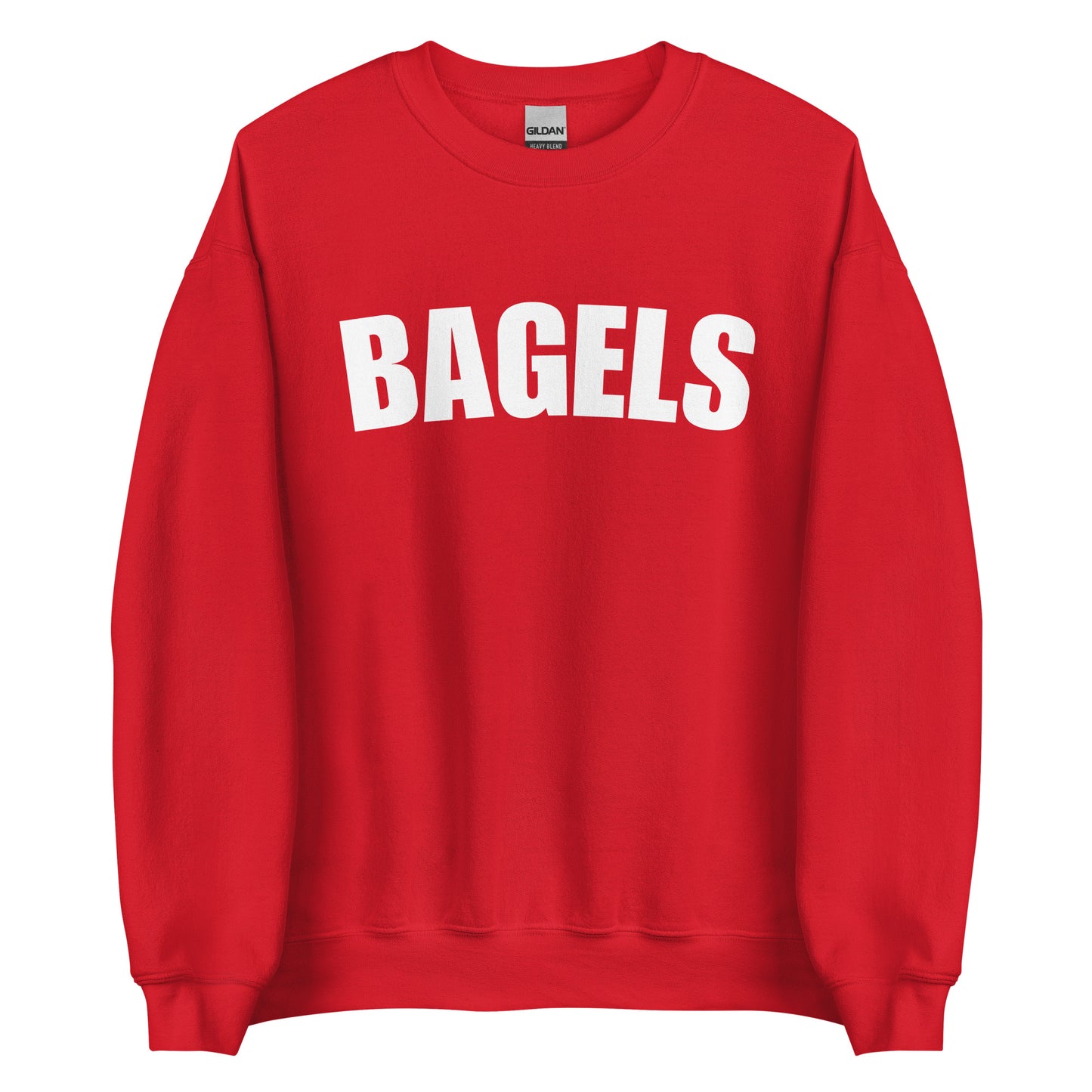 Red college style bagels sweatshirt from Nina's Funky Shop by ninanush - Our Bagels Sweatshirt is soft, comfortable and a perfect foodie sweatshirt for bagel lovers. It's a unisex, classic crew neck sweatshirt that comes in a variety of colors with the word "Bagel", expertly printed on the front. Perfect for cozy nights in or stand out streetwear for foodies, this sweatshirt is designed by Nina and made just for you.