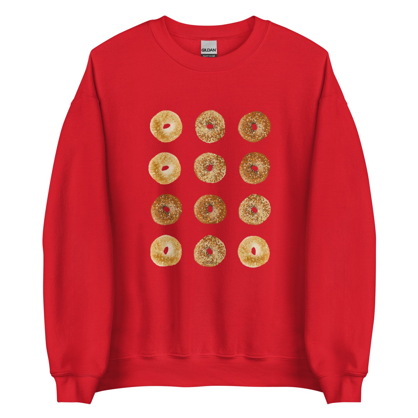 Red Bagels Crewneck Sweatshirt from Nina's Funky Shop by ninanush - Our Bagels Sweatshirt is soft, comfortable and a perfect foodie sweatshirt for bagel lovers. It's a unisex, classic crew neck sweatshirt that comes in a variety of colors with a dozen bagels, expertly printed on the front. Perfect for cozy nights in or stand out streetwear for foodies, this sweatshirt is hand drawn, designed by Nina and made just for you.