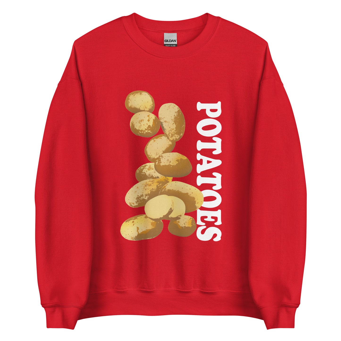 Red sweatshirt with potatoes design - Love Potatoes? Looking for a unique gift for a fellow potato enthusiast? This unisex sweatshirt is warm, super soft and cozy, and made just for you. It comes in a variety of colors with a hand drawn potatoes design by Nina, expertly printed on the front.