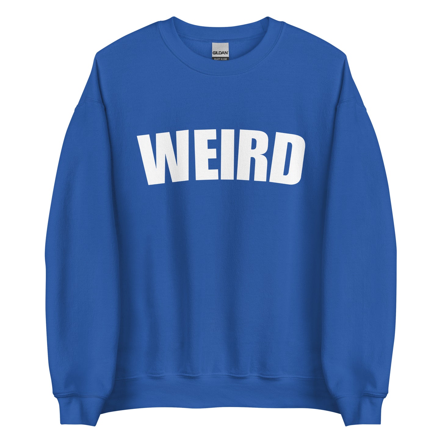 Royal Blue Weird Sweatshirt from Nina's Funky Shop by ninanush - Stay weird in this soft and comfortable varsity sweatshirt. It's a unisex, crew neck sweatshirt that comes in a variety of colors with "Weird", expertly printed on the front. Perfect for cozy nights in or stand out streetwear, this weird sweatshirt is designed by Nina and made just for you.