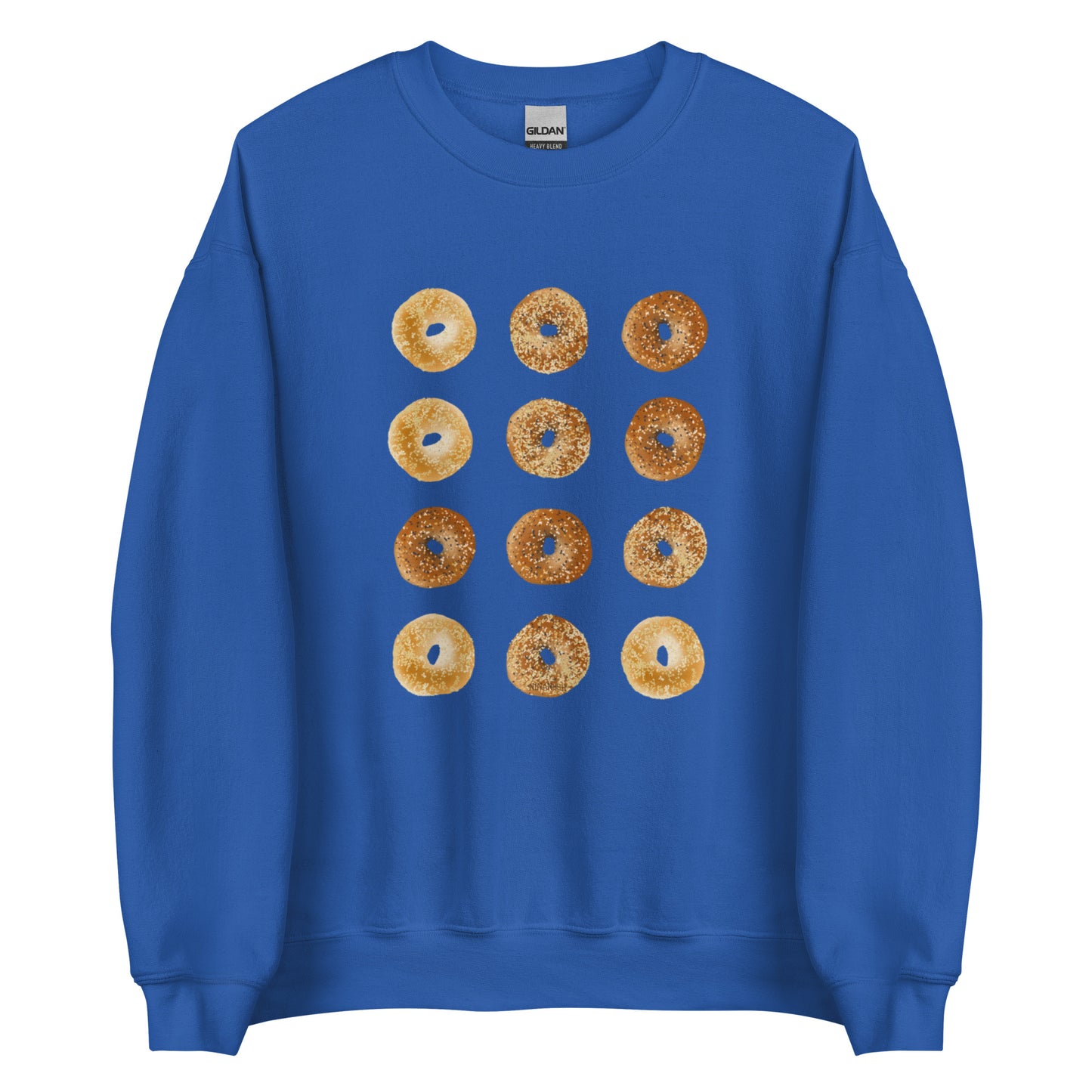 Royal Blue Bagels Crewneck Sweatshirt from Nina's Funky Shop by ninanush - Our Bagels Sweatshirt is soft, comfortable and a perfect foodie sweatshirt for bagel lovers. It's a unisex, classic crew neck sweatshirt that comes in a variety of colors with a dozen bagels, expertly printed on the front. Perfect for cozy nights in or stand out streetwear for foodies, this sweatshirt is hand drawn, designed by Nina and made just for you.