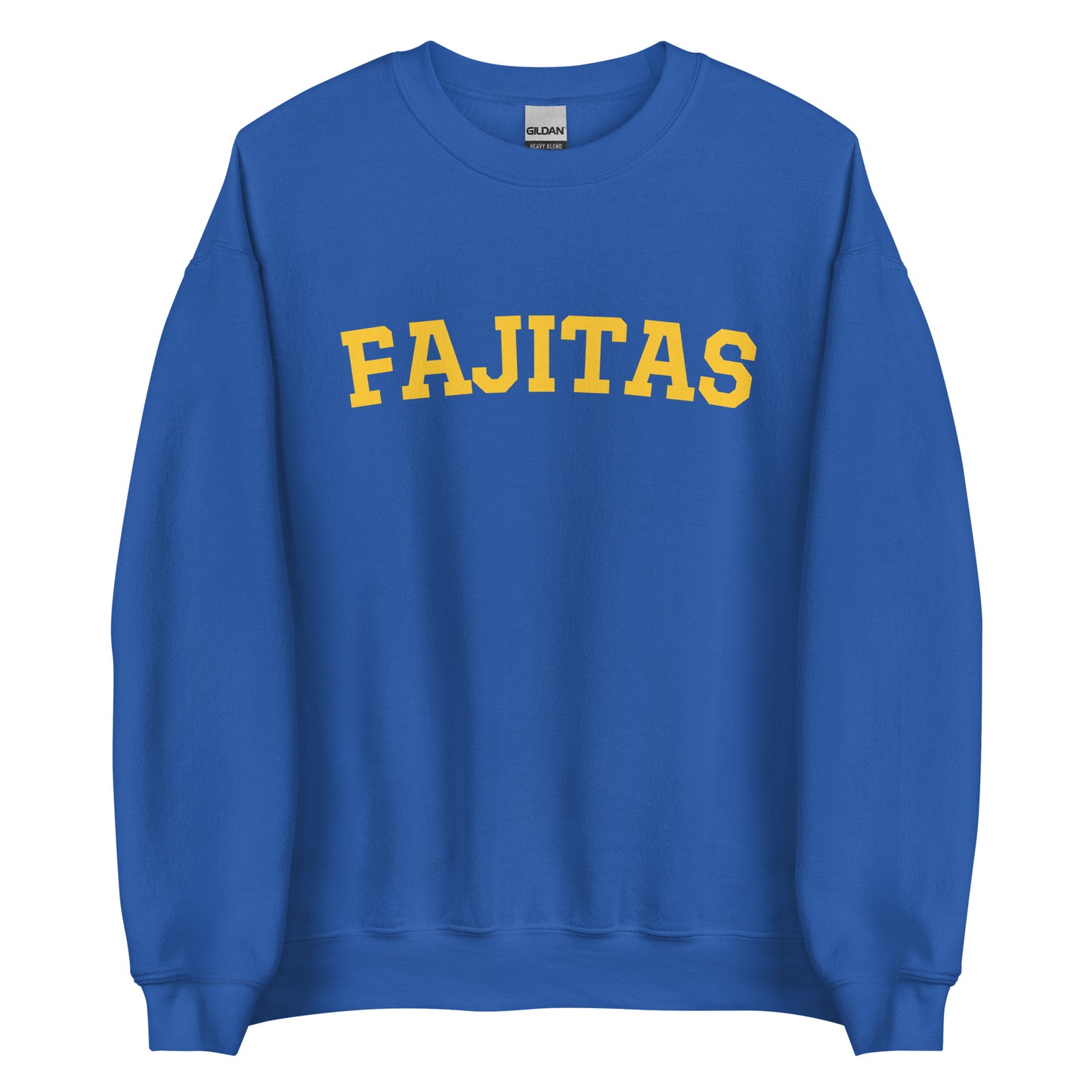 Royal Blue Fajitas Sweatshirt from Nina's Funky Shop - Love fajitas? Looking for a funny gift? Our Fajitas Crewneck Sweatshirt is soft, comfortable and just what you need for an effortless everyday look. It's a unisex sweatshirt that comes in a variety of colors with "fajitas", expertly printed on the front. The perfect cozy and funny fajita academy sweatshirt for foodies.