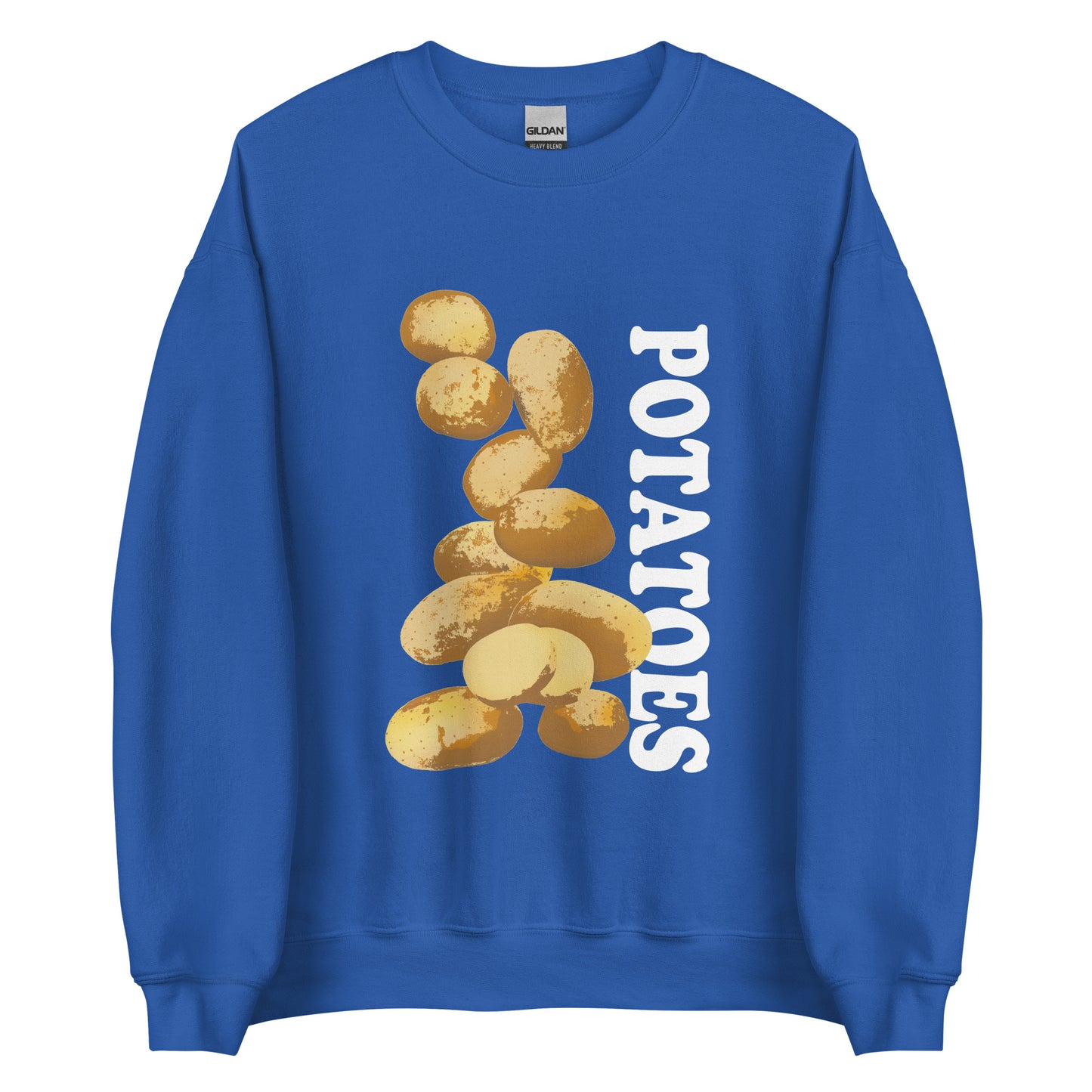 Royal Blue sweatshirt with potatoes design - Love Potatoes? Looking for a unique gift for a fellow potato enthusiast? This unisex sweatshirt is warm, super soft and cozy, and made just for you. It comes in a variety of colors with a hand drawn potatoes design by Nina, expertly printed on the front.