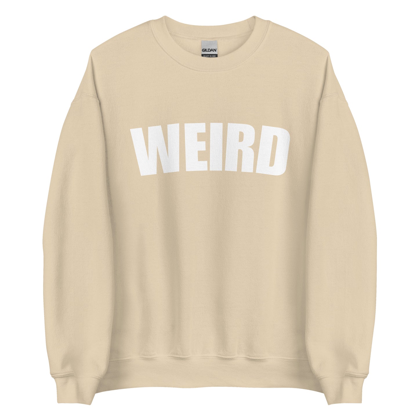 Khaki Weird Sweatshirt from Nina's Funky Shop by ninanush - Stay weird in this soft and comfortable varsity sweatshirt. It's a unisex, crew neck sweatshirt that comes in a variety of colors with "Weird", expertly printed on the front. Perfect for cozy nights in or stand out streetwear, this weird sweatshirt is designed by Nina and made just for you.