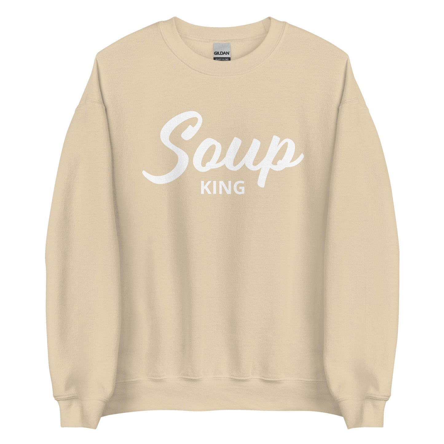 Beige Soup King Sweatshirt from Nina's Funky Shop by ninanush - Do you love soup? Looking for a funny gift for a soup lover? Our Soup King Crewneck Sweatshirt is just what you need. It's a unisex soup sweatshirt that comes in a variety of colors with "soup king" on the front. This funny soup sweatshirt is made just for you. Celebrate your favorite foods in our funky foodie apparel.