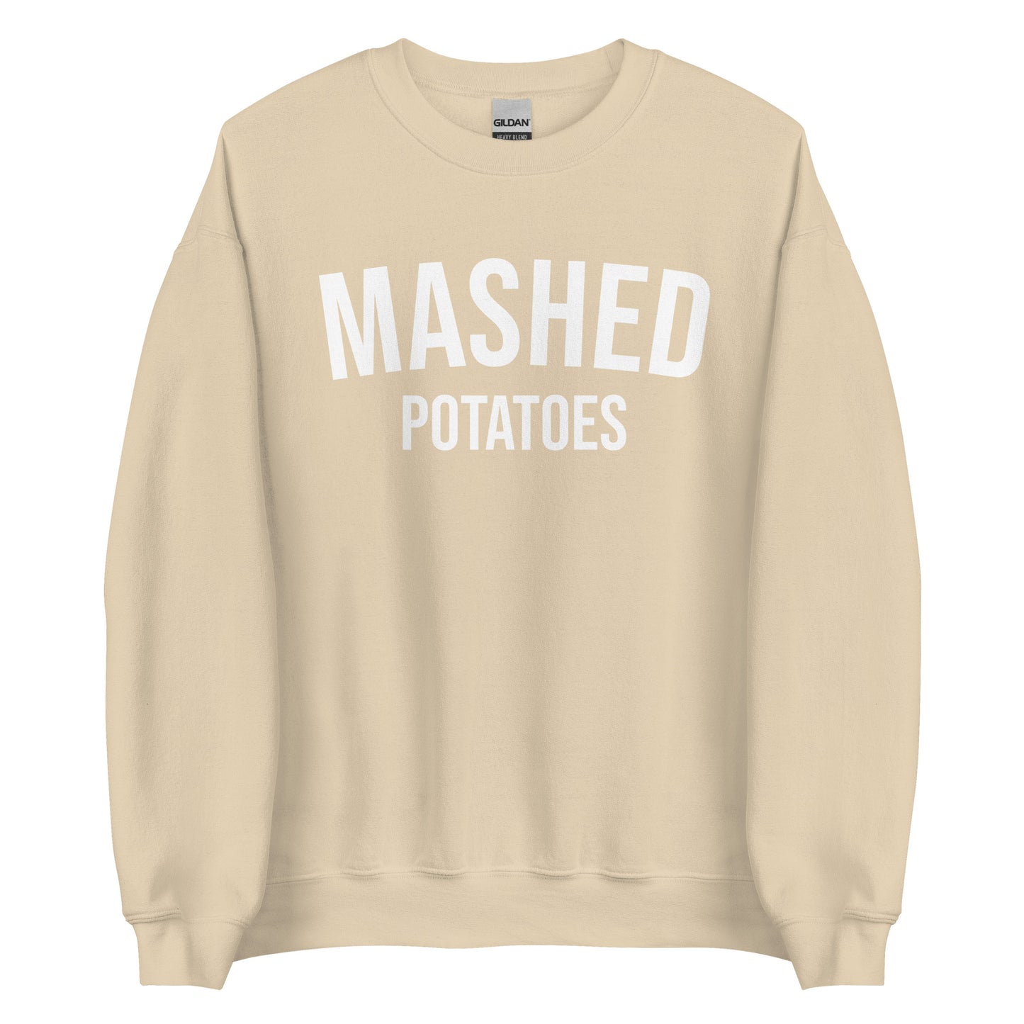 Beige Mashed Potatoes Crewneck Sweatshirt from Nina's Funky Shop by ninanush - Do you love mashed potatoes? Looking for a funny foodie gift for a friend? Our Mashed Potatoes Crewneck Sweatshirt is soft, comfortable and just what you need. It's a unisex, varsity style, potato lover sweatshirt with "Mashed Potatoes" on the front. Show off your love of mashed potatoes in this funny holiday food sweatshirt.