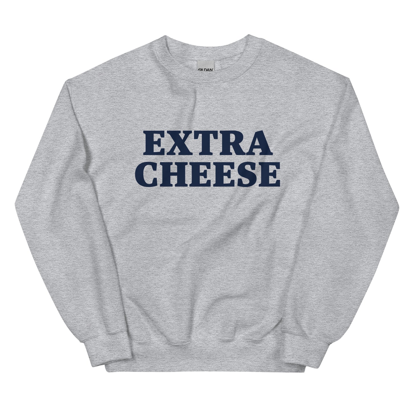 Light Gray Extra Cheese Sweatshirt from Nina's Funky Shop by ninanush - Love cheese? Want more? Make your priorities known in this Extra Cheese Sweatshirt. It's a funny foodie sweatshirt for cheese lovers. This unisex, crew neck sweatshirt comes in a variety of colors with "cheese", on the front. This college-style cheese enthusiast sweatshirt is designed by Nina and made just for you.