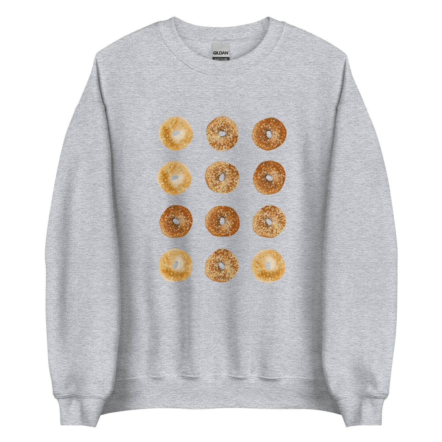 Light Gray Bagels Crewneck Sweatshirt from Nina's Funky Shop by ninanush - Our Bagels Sweatshirt is soft, comfortable and a perfect foodie sweatshirt for bagel lovers. It's a unisex, classic crew neck sweatshirt that comes in a variety of colors with a dozen bagels, expertly printed on the front. Perfect for cozy nights in or stand out streetwear for foodies, this sweatshirt is hand drawn, designed by Nina and made just for you.