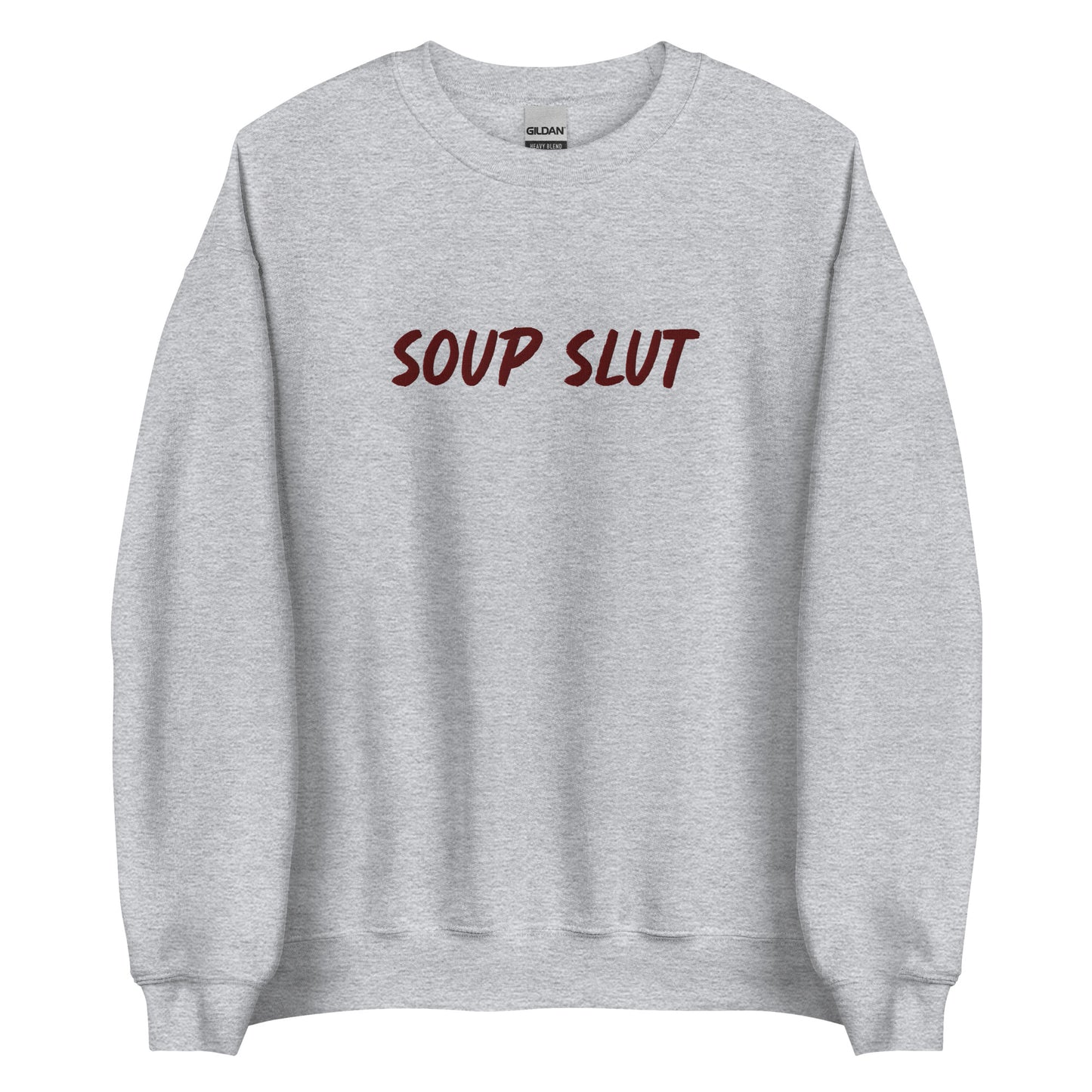 Light Gray Embroidered Soup Slut Sweatshirt from Nina's Funky Shop by ninanush - Do you love soup? Looking for a funny gift? Our Soup Slut Embroidered Crewneck Sweatshirt is just what you need. It's a unisex soup sweatshirt with "soup slut" on the front. A funny foodie sweatshirt for cozy nights in or stand out streetwear for soup enthusiasts. This embroidered soup sweatshirt is made just for you.