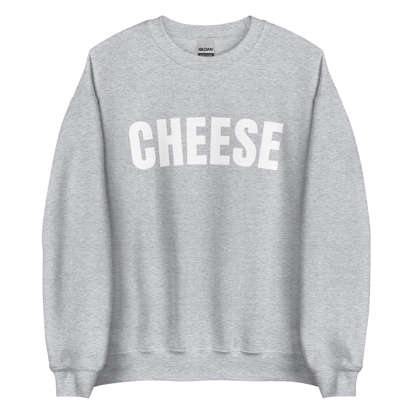 Light Gray Unisex Crewneck Cheese Sweatshirt from Nina's Funky Shop by ninanush - Do you love cheese? Looking for a funny gift for a friend? Our Cheese Crewneck Sweatshirt is just what you need. It's a unisex sweatshirt for foodies with "cheese" on the front. The perfect funny food sweatshirt for cozy nights in or stand out cheese lover streetwear. This cheese enthusiast sweatshirt is made just for you.
