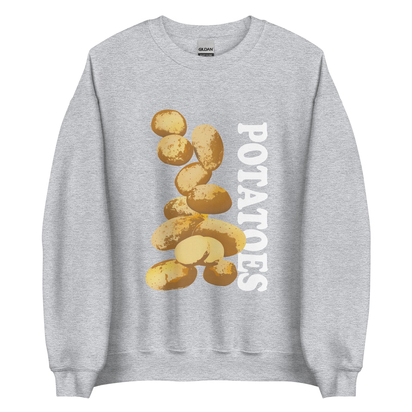 Light Gray sweatshirt with potatoes design - Love Potatoes? Looking for a unique gift for a fellow potato enthusiast? This unisex sweatshirt is warm, super soft and cozy, and made just for you. It comes in a variety of colors with a hand drawn potatoes design by Nina, expertly printed on the front.