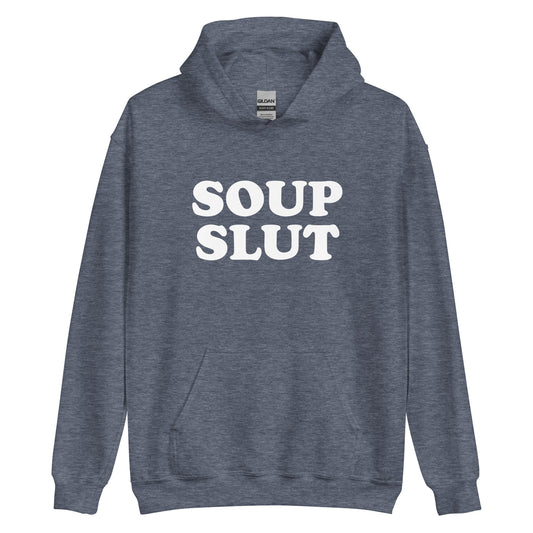 Dark Navy Gray Soup Slut Hoodie from Nina's Funky Shop by ninanush - Do you love soup? Looking for a funny gift for a friend? Our Soup Slut Hoodie is soft, comfortable and just what you need. It's a unisex foodie sweatshirt that comes in a variety of colors with "soup slut", expertly printed on the front. A perfect funny foodie hoodie for cozy nights in or stand out soup lover streetwear, this soup enthusiast sweatshirt is bold and made just for you.