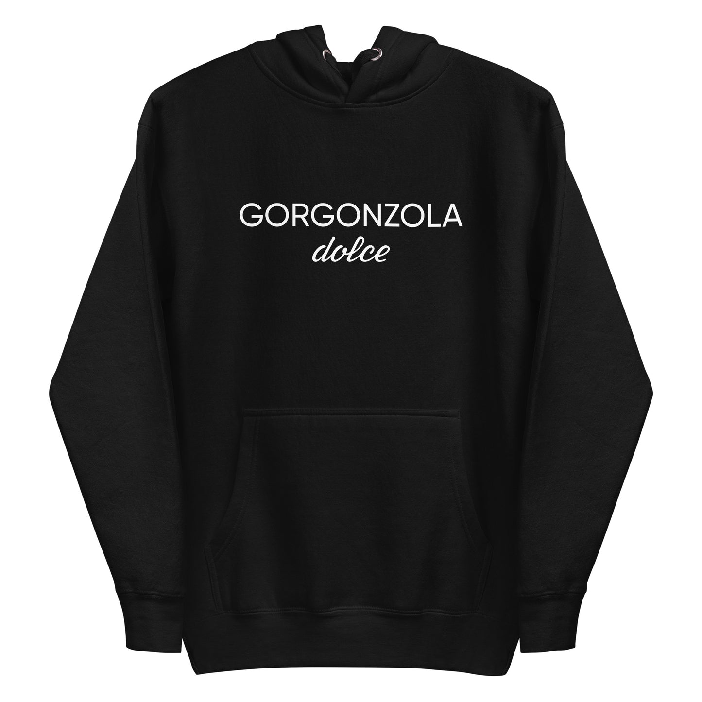 Black Gorgonzola Dolce Hoodie from Nina's Funky Shop by ninanush - Love Gorgonzola? Looking for a funny Foodie Gift? Our Gorgonzola Dolce Hoodie is soft, comfortable and just what you need. It's a unisex hoodie that comes in a variety of colors with "Gorgonzola Dolce" on the front. A funny foodie hoodie for cozy nights in or funky stand out streetwear for Gorgonzola aficionados.