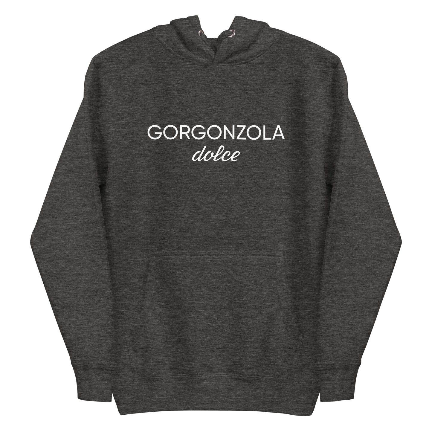 Charcoal Heather Gray Gorgonzola Dolce Hoodie from Nina's Funky Shop by ninanush - Love Gorgonzola? Looking for a funny Foodie Gift? Our Gorgonzola Dolce Hoodie is soft, comfortable and just what you need. It's a unisex hoodie that comes in a variety of colors with "Gorgonzola Dolce" on the front. A funny foodie hoodie for cozy nights in or funky stand out streetwear for Gorgonzola aficionados.