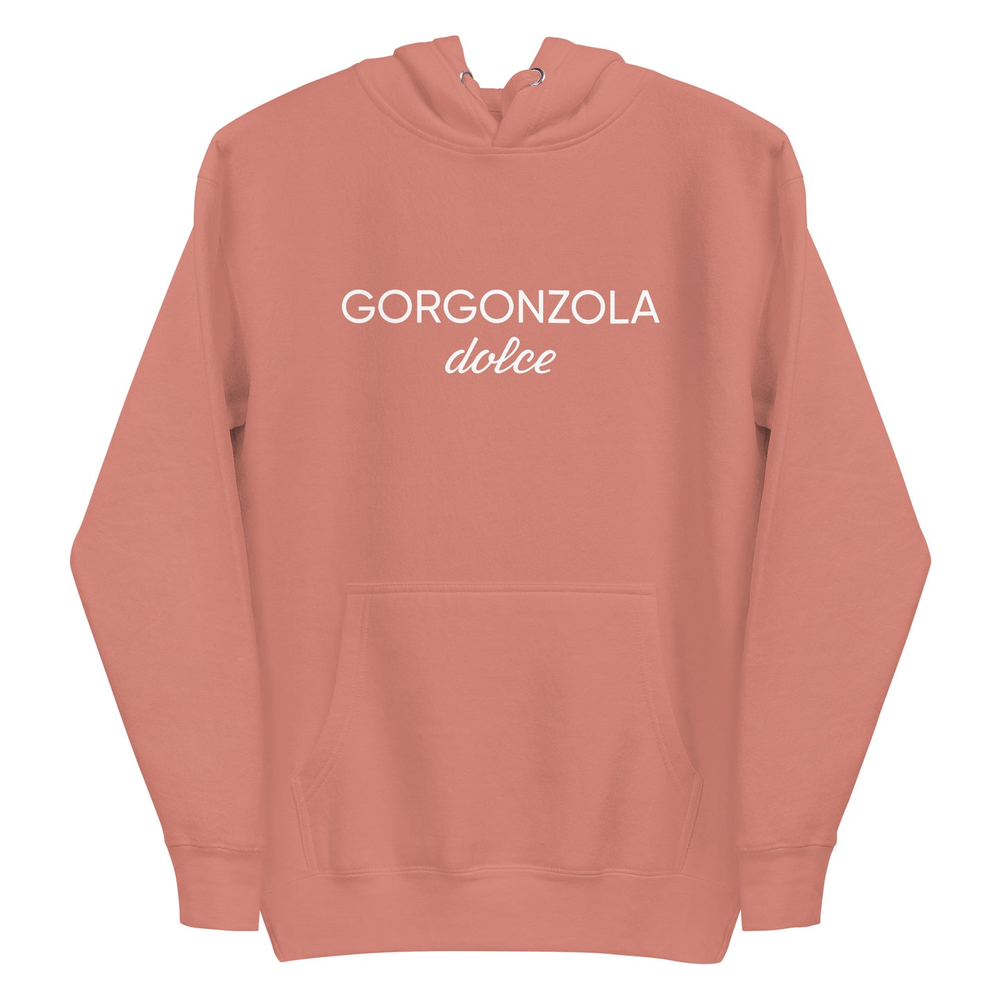 Dusty Orange Gorgonzola Dolce Hoodie from Nina's Funky Shop by ninanush - Love Gorgonzola? Looking for a funny Foodie Gift? Our Gorgonzola Dolce Hoodie is soft, comfortable and just what you need. It's a unisex hoodie that comes in a variety of colors with "Gorgonzola Dolce" on the front. A funny foodie hoodie for cozy nights in or funky stand out streetwear for Gorgonzola aficionados.