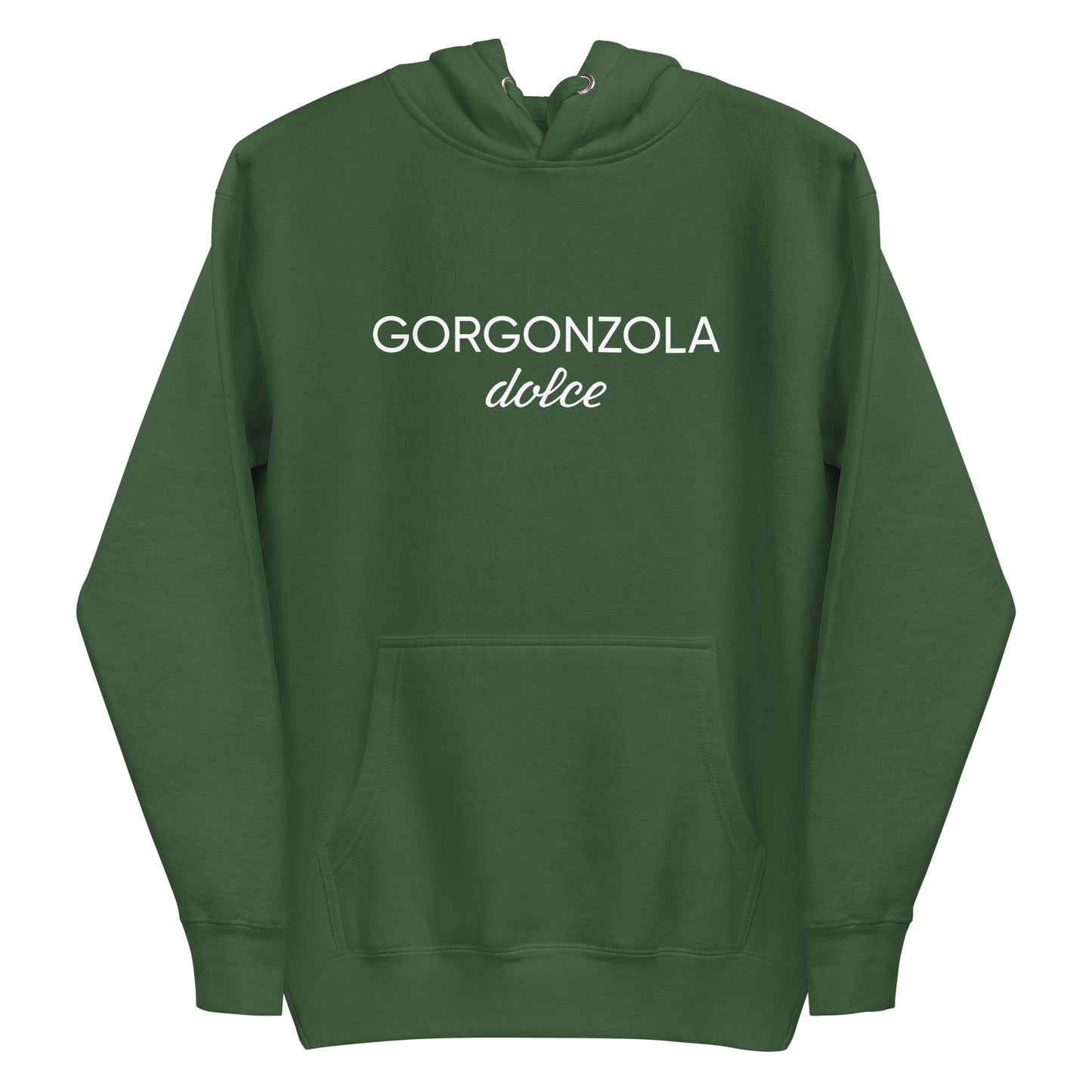 Green Gorgonzola Dolce Hoodie from Nina's Funky Shop by ninanush - Love Gorgonzola? Looking for a funny Foodie Gift? Our Gorgonzola Dolce Hoodie is soft, comfortable and just what you need. It's a unisex hoodie that comes in a variety of colors with "Gorgonzola Dolce" on the front. A funny foodie hoodie for cozy nights in or funky stand out streetwear for Gorgonzola aficionados.