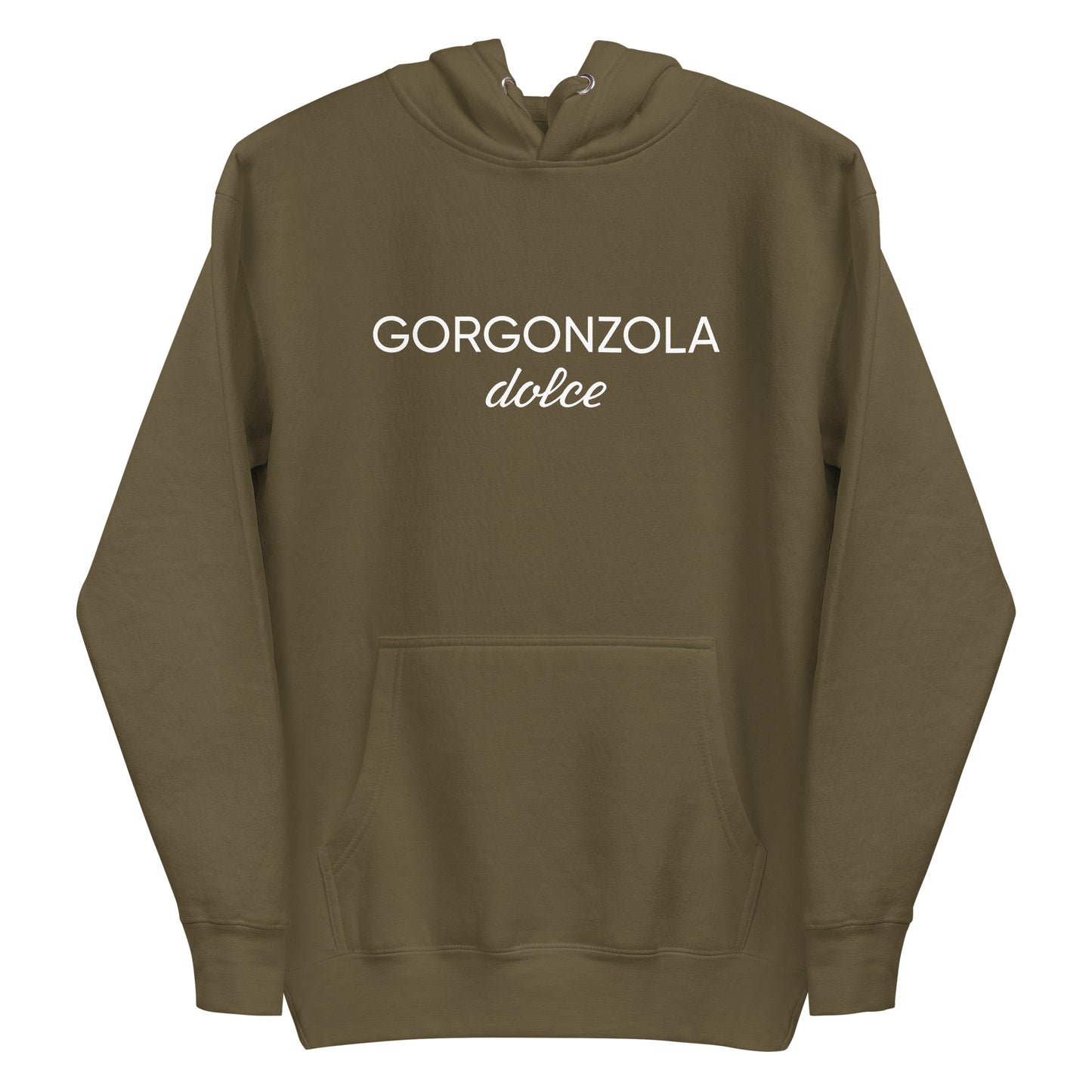 Army Green Gorgonzola Dolce Hoodie from Nina's Funky Shop by ninanush - Love Gorgonzola? Looking for a funny Foodie Gift? Our Gorgonzola Dolce Hoodie is soft, comfortable and just what you need. It's a unisex hoodie that comes in a variety of colors with "Gorgonzola Dolce" on the front. A funny foodie hoodie for cozy nights in or funky stand out streetwear for Gorgonzola aficionados.