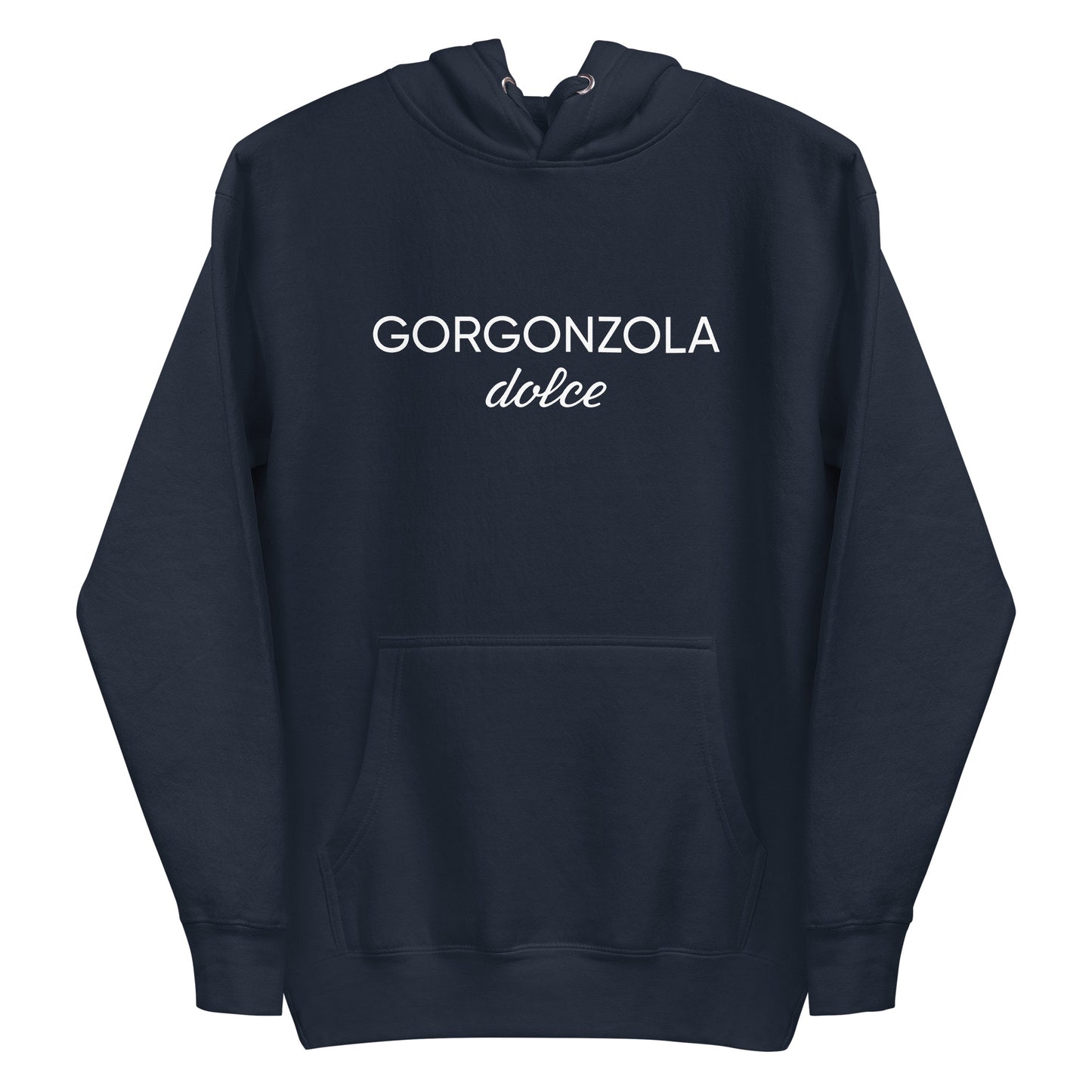 Navy Gorgonzola Dolce Hoodie from Nina's Funky Shop by ninanush - Love Gorgonzola? Looking for a funny Foodie Gift? Our Gorgonzola Dolce Hoodie is soft, comfortable and just what you need. It's a unisex hoodie that comes in a variety of colors with "Gorgonzola Dolce" on the front. A funny foodie hoodie for cozy nights in or funky stand out streetwear for Gorgonzola aficionados.