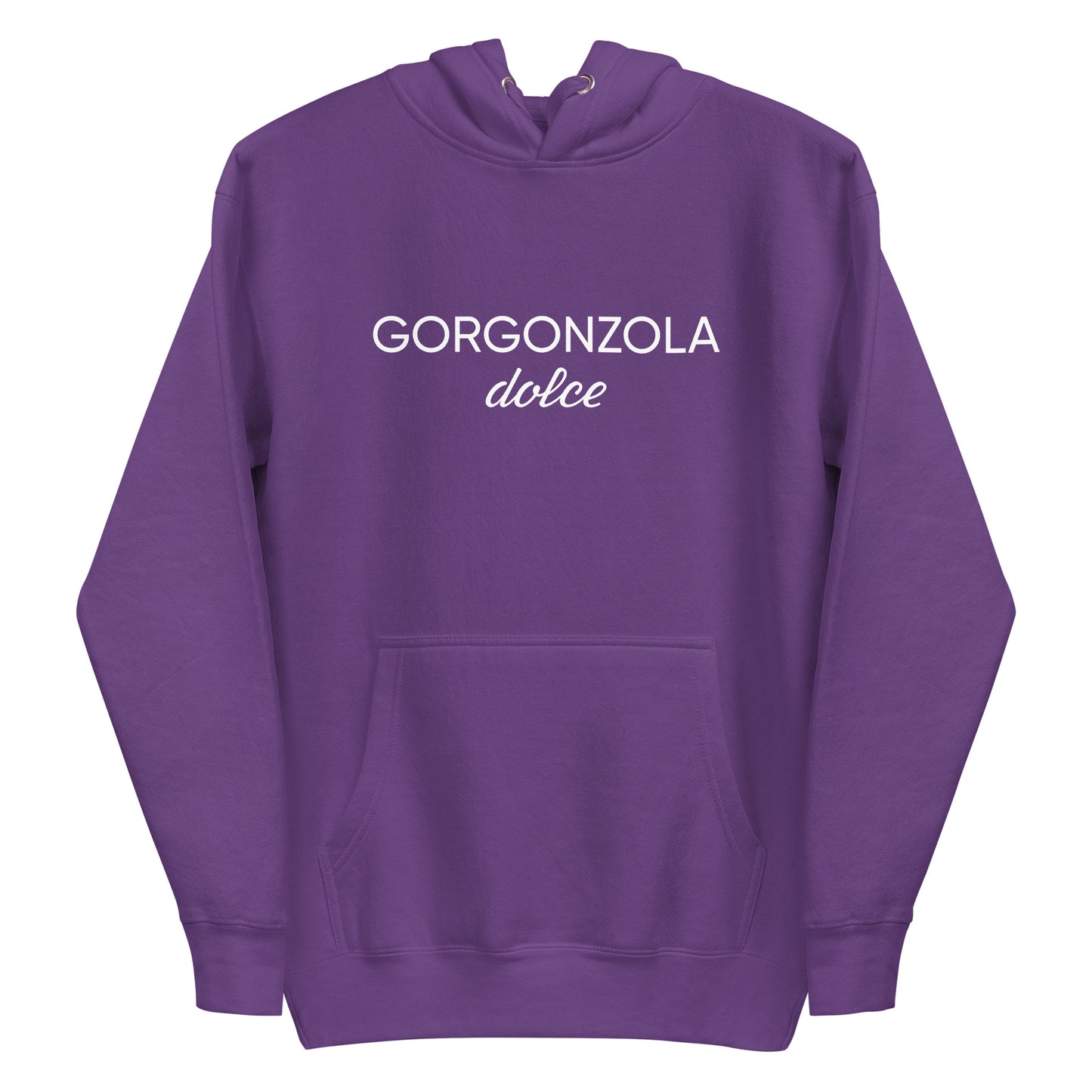 Purple Gorgonzola Dolce Hoodie from Nina's Funky Shop by ninanush - Love Gorgonzola? Looking for a funny Foodie Gift? Our Gorgonzola Dolce Hoodie is soft, comfortable and just what you need. It's a unisex hoodie that comes in a variety of colors with "Gorgonzola Dolce" on the front. A funny foodie hoodie for cozy nights in or funky stand out streetwear for Gorgonzola aficionados.