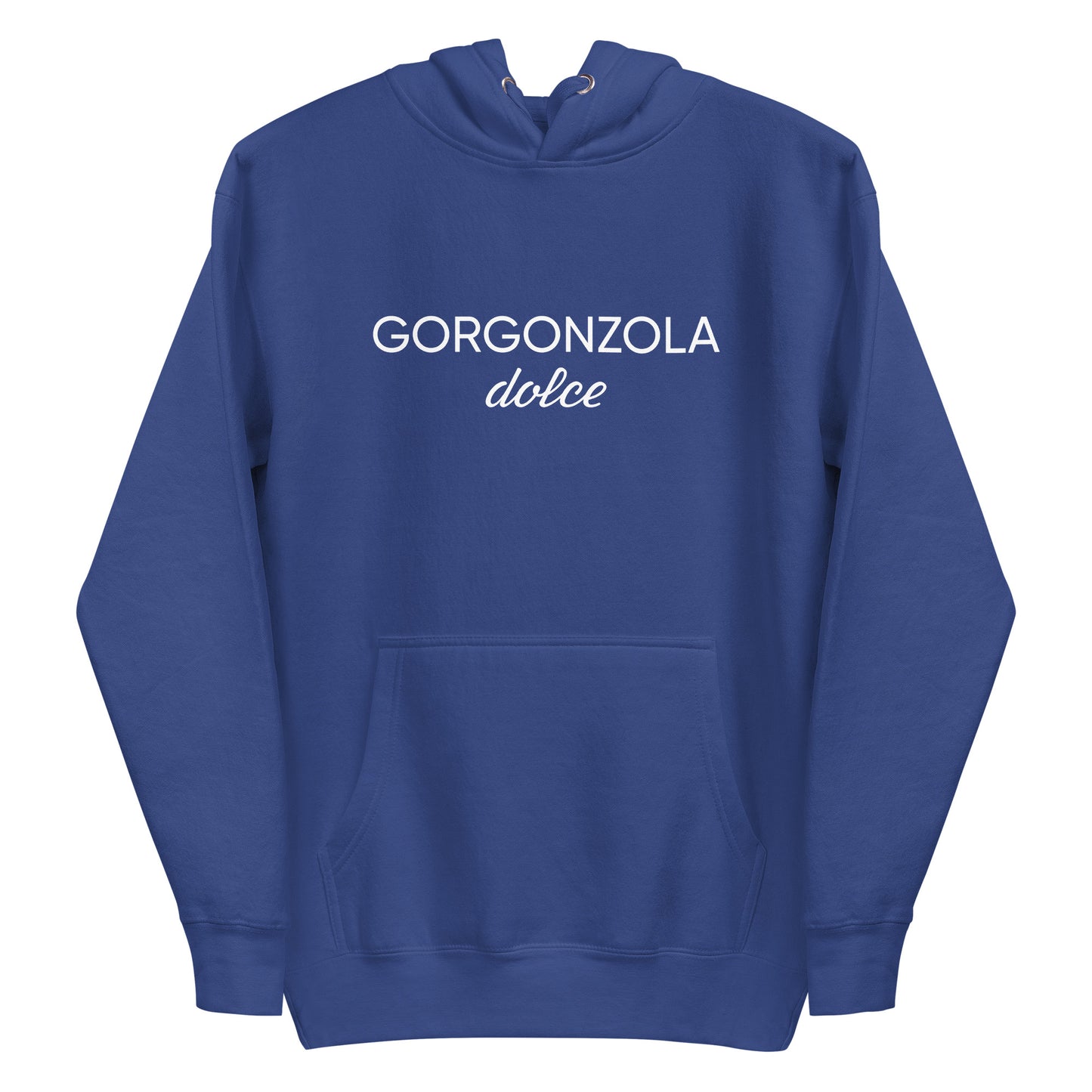 Royal Blue Gorgonzola Dolce Hoodie from Nina's Funky Shop by ninanush - Love Gorgonzola? Looking for a funny Foodie Gift? Our Gorgonzola Dolce Hoodie is soft, comfortable and just what you need. It's a unisex hoodie that comes in a variety of colors with "Gorgonzola Dolce" on the front. A funny foodie hoodie for cozy nights in or funky stand out streetwear for Gorgonzola aficionados.