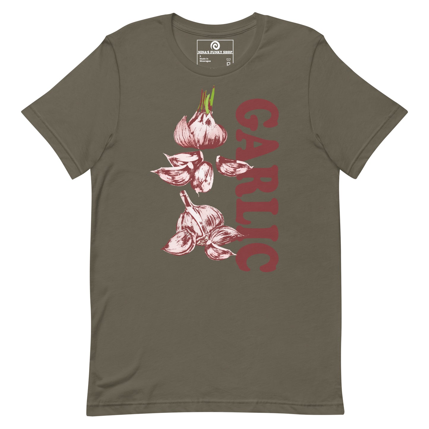 Army Green Garlic Shirt - Love Garlic? Looking for a gift for a garlic lover? This unique garlic T-shirt is just what you need! It's soft and comfortable with a funky hand drawn garlic design, expertly printed on the front. This garlic graphic tee is perfect for garlic addicts and foodies of all kinds. Designed by Nina and made just for you!
