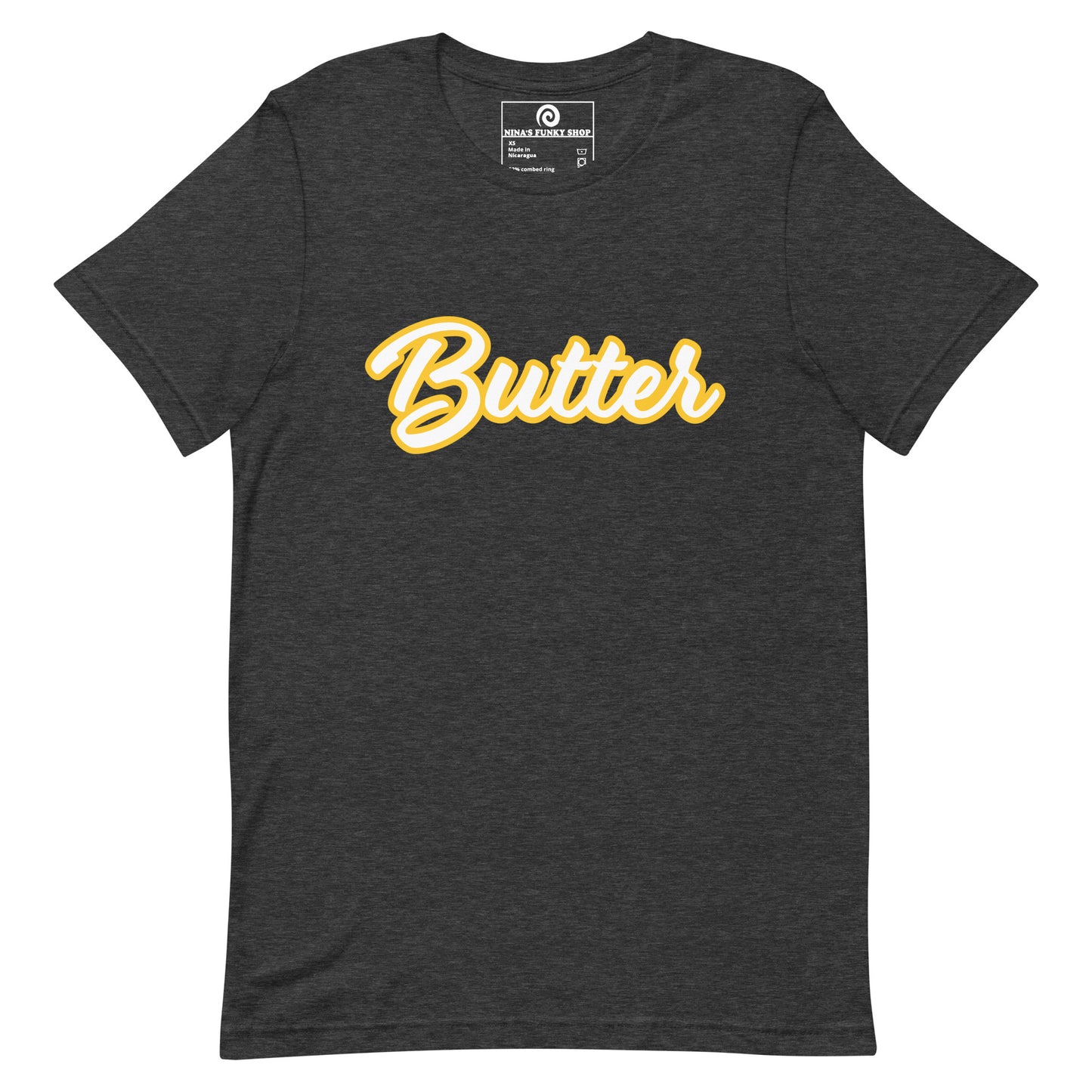 Gray T-Shirt with Funny Food Design - Are you a butter enthusiast? Looking for a unique gift? This butter t-shirt is soft, comfortable and perfect for foodies of all kinds. It comes in a variety of colors with "Butter", expertly printed across the front. Eat your favorite foods in style or give this funny food t-shirt as a gift for a fellow butter lover.