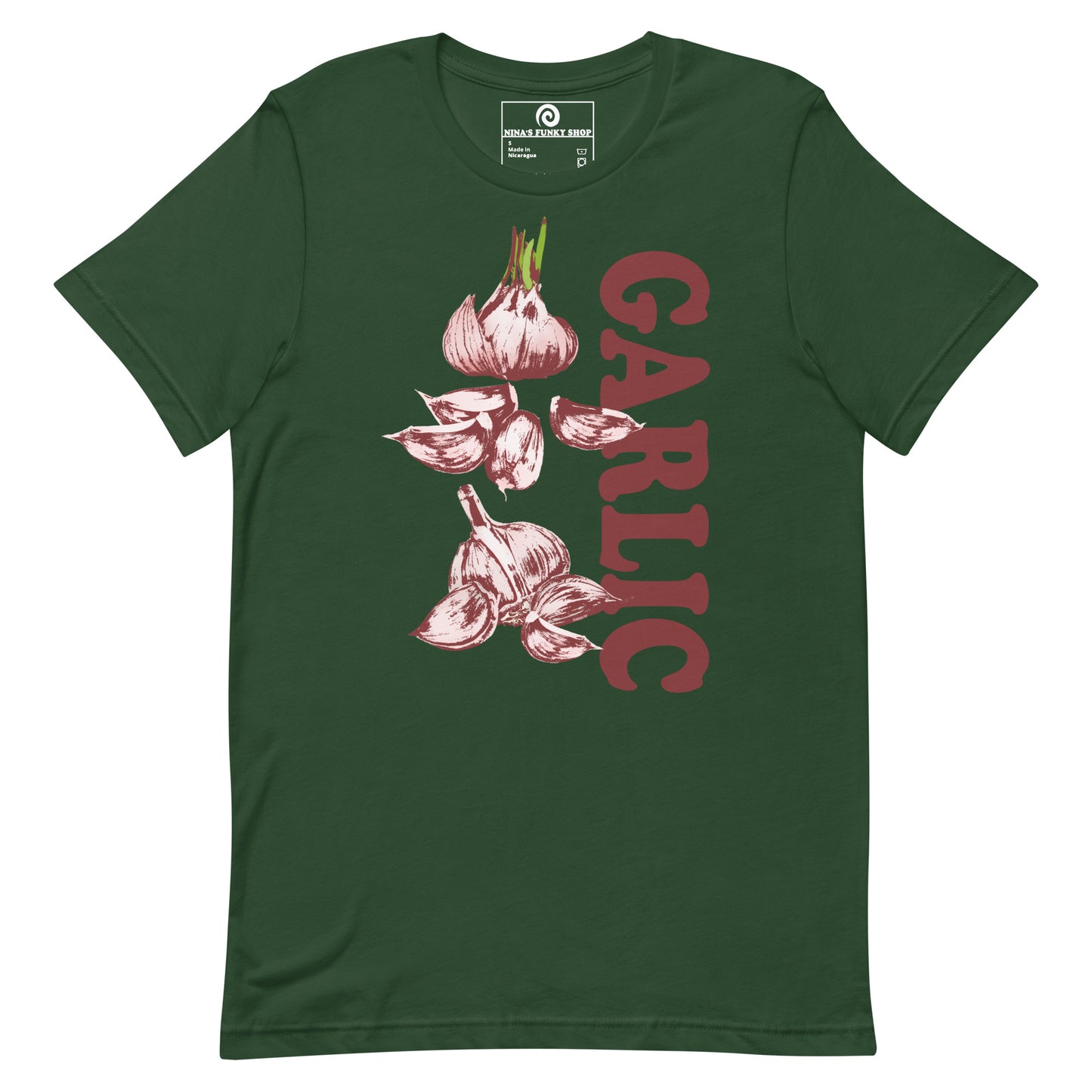 Green Garlic Shirt - Love Garlic? Looking for a gift for a garlic lover? This unique garlic T-shirt is just what you need! It's soft and comfortable with a funky hand drawn garlic design, expertly printed on the front. This garlic graphic tee is perfect for garlic addicts and foodies of all kinds. Designed by Nina and made just for you!