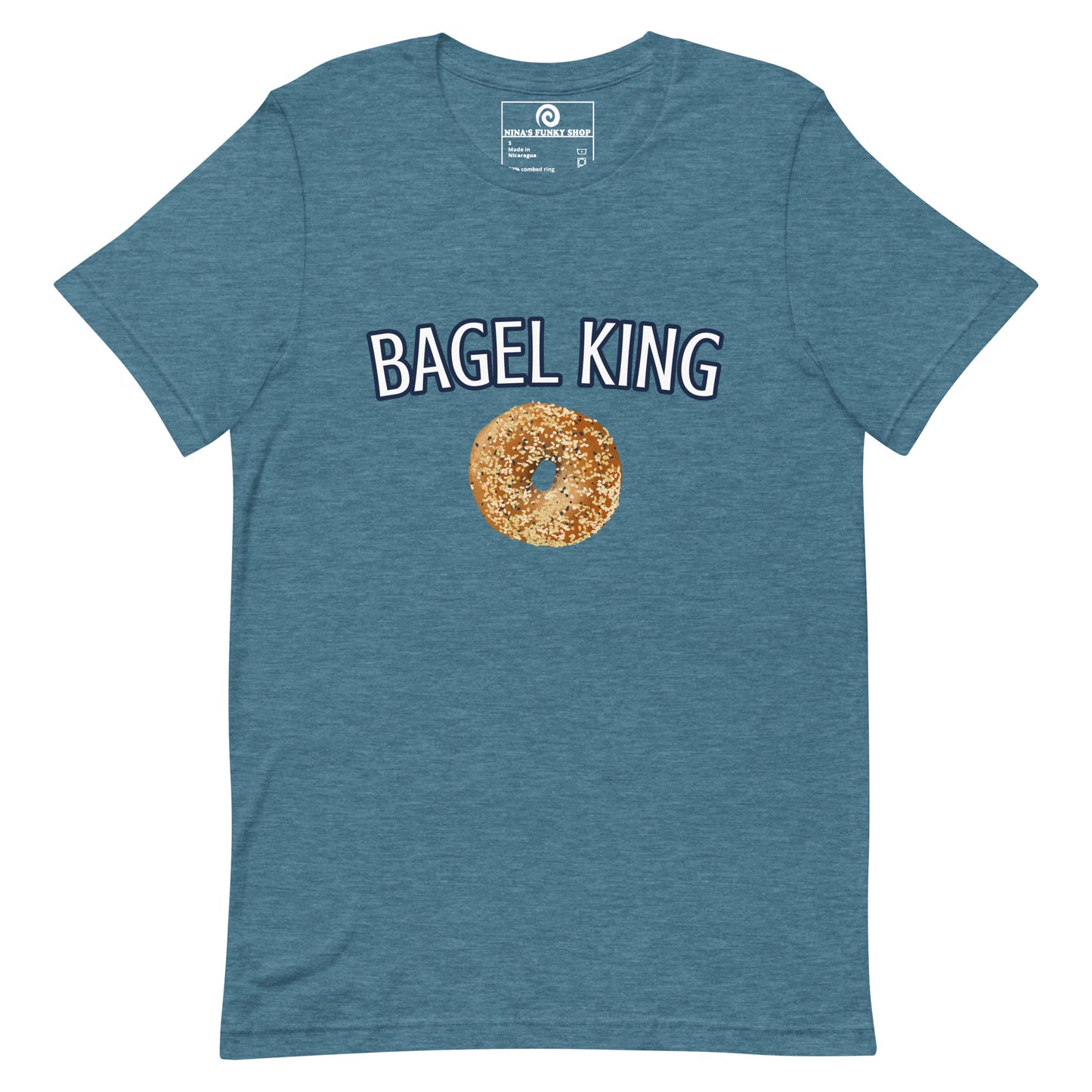 Blue Everything Bagel T-shirt - Calling all bagel kings and queens! Looking for your new favorite shirt? A Gift for a fellow bagel enthusiast? This bagel t-shirt comes in a variety of colors with "bagel king" and a hand drawn everything bagel design, on the front. The perfect graphic tee for bagel lovers and foodies of all kinds.