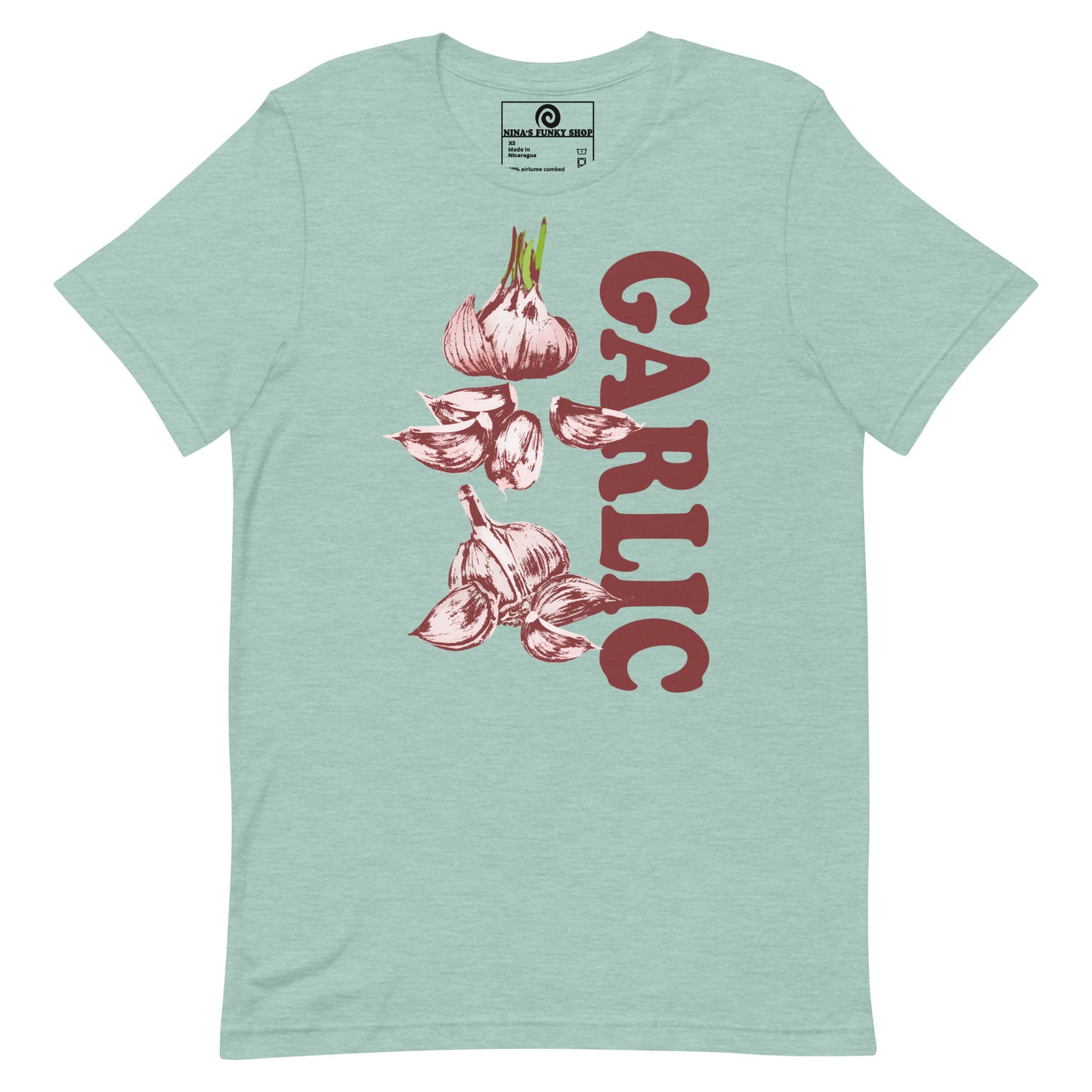 Dusty Blue green Garlic Shirt - Love Garlic? Looking for a gift for a garlic lover? This unique garlic T-shirt is just what you need! It's soft and comfortable with a funky hand drawn garlic design, expertly printed on the front. This garlic graphic tee is perfect for garlic addicts and foodies of all kinds. Designed by Nina and made just for you!