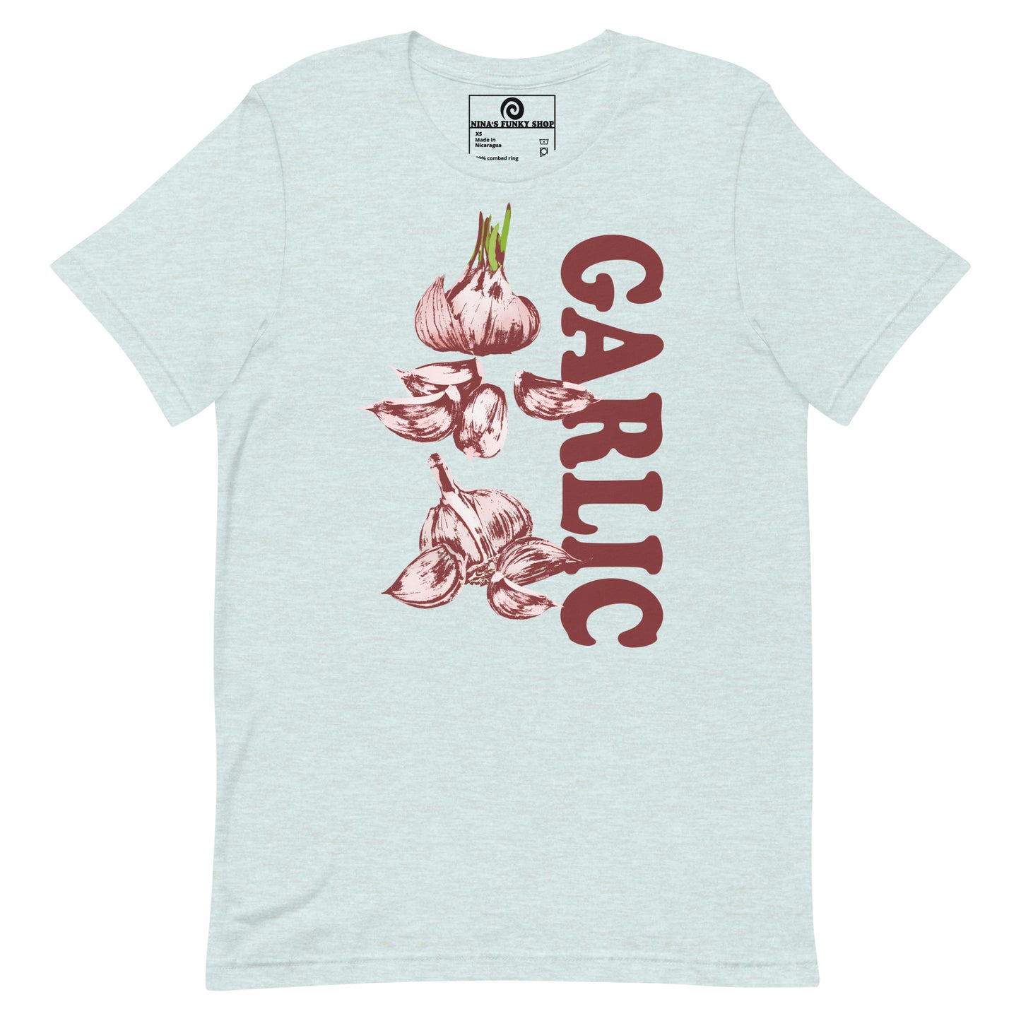 Ice Blue Garlic Shirt - Love Garlic? Looking for a gift for a garlic lover? This unique garlic T-shirt is just what you need! It's soft and comfortable with a funky hand drawn garlic design, expertly printed on the front. This garlic graphic tee is perfect for garlic addicts and foodies of all kinds. Designed by Nina and made just for you!